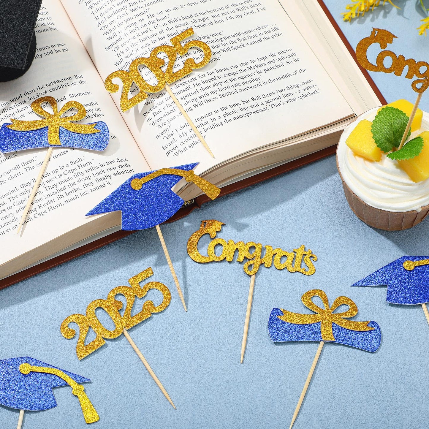 Chinco 100 Pack 2025 Graduation Cupcake Toppers Grad Cap Food Appetizer Picks Cake Graduation Party Decorations Diploma Cupcake