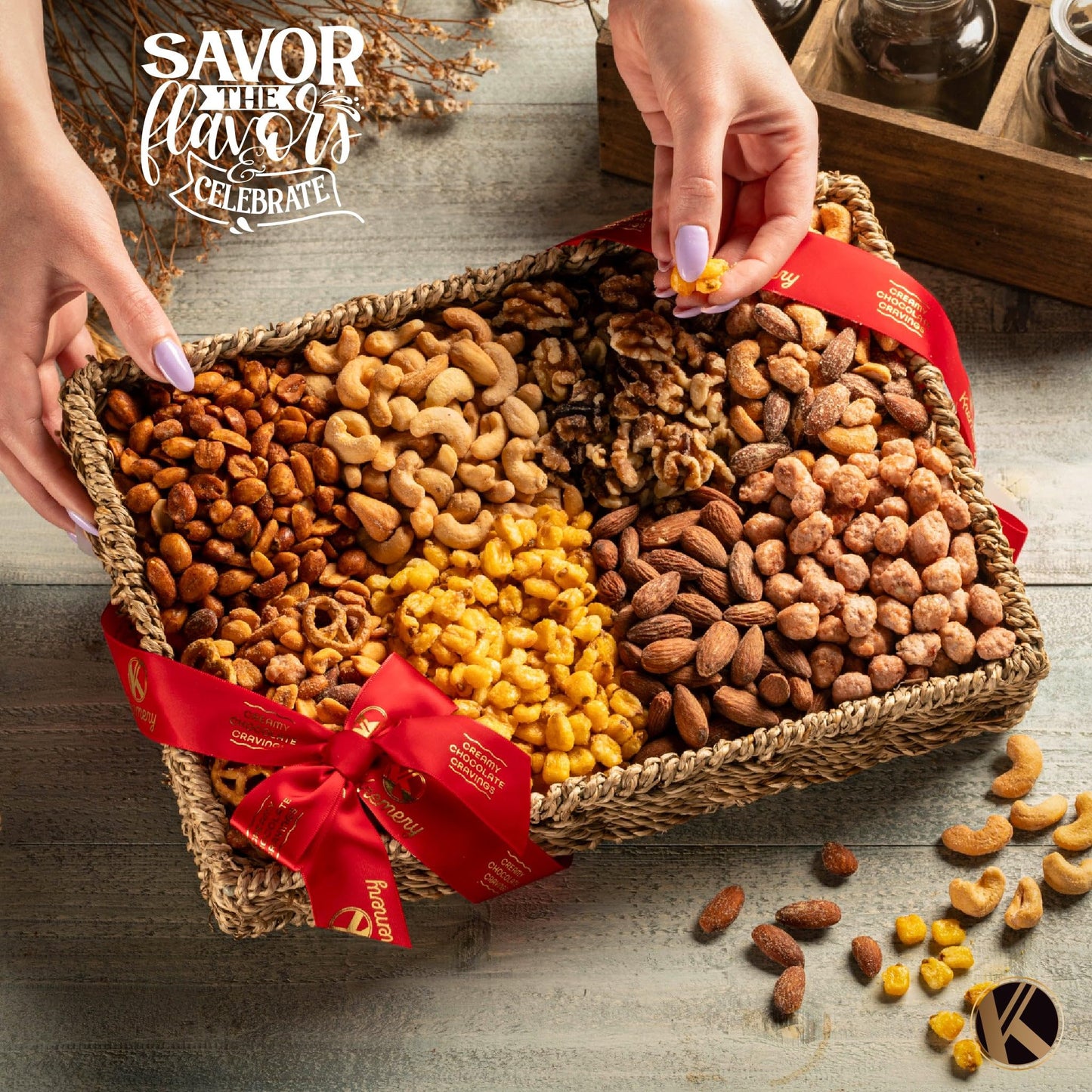 Nut Cravings Gourmet Nut Gift Basket - 2.5 lbs Seagrass Tray with Ribbon - 8 Assortments for Thanksgiving and Christmas