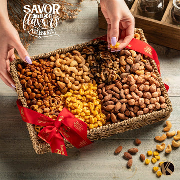 Nut Cravings Gourmet Nut Gift Basket - 2.5 lbs Seagrass Tray with Ribbon - 8 Assortments for Thanksgiving and Christmas