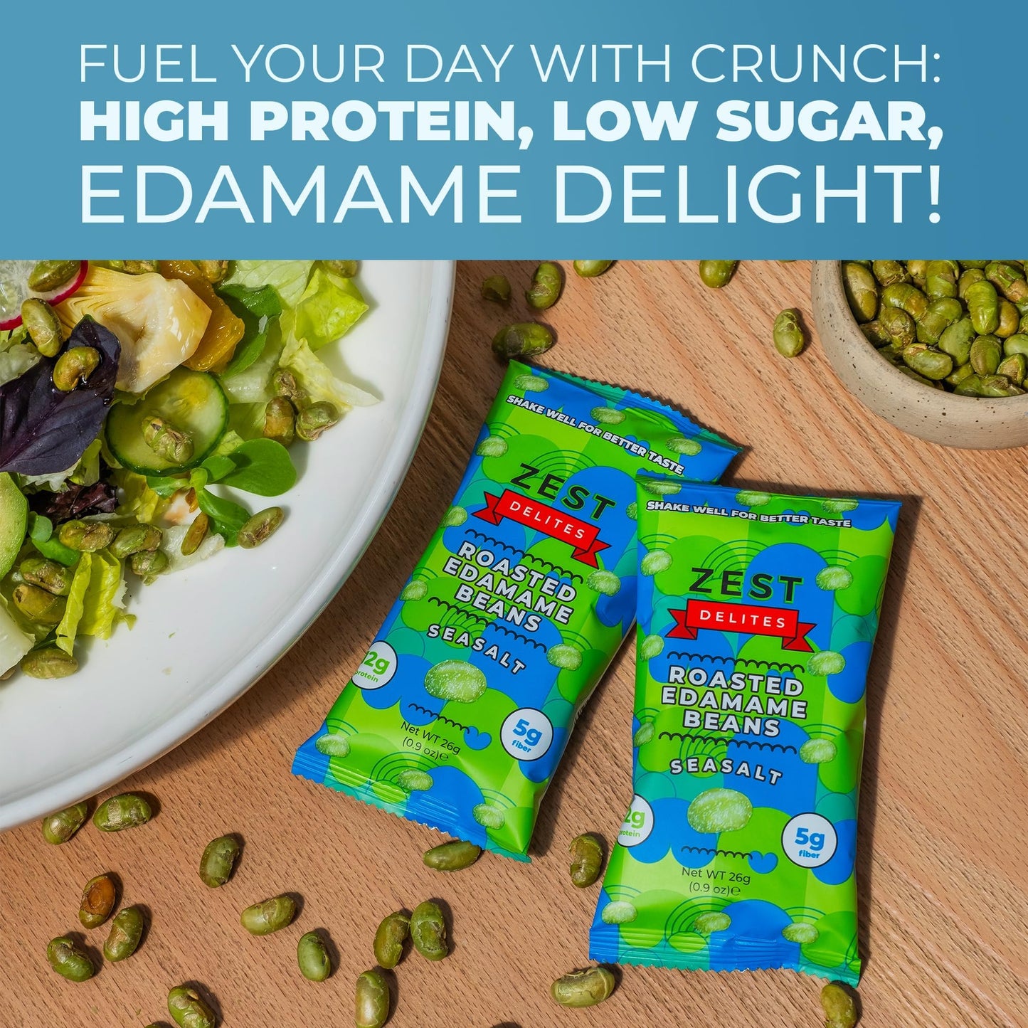 Crunchy Dry Roasted Edamame Beans Snack By Zest Delites, Sea Salt, Vegan, Low Calorie (110Cal) High Protein Snacks (12G), Low Ca