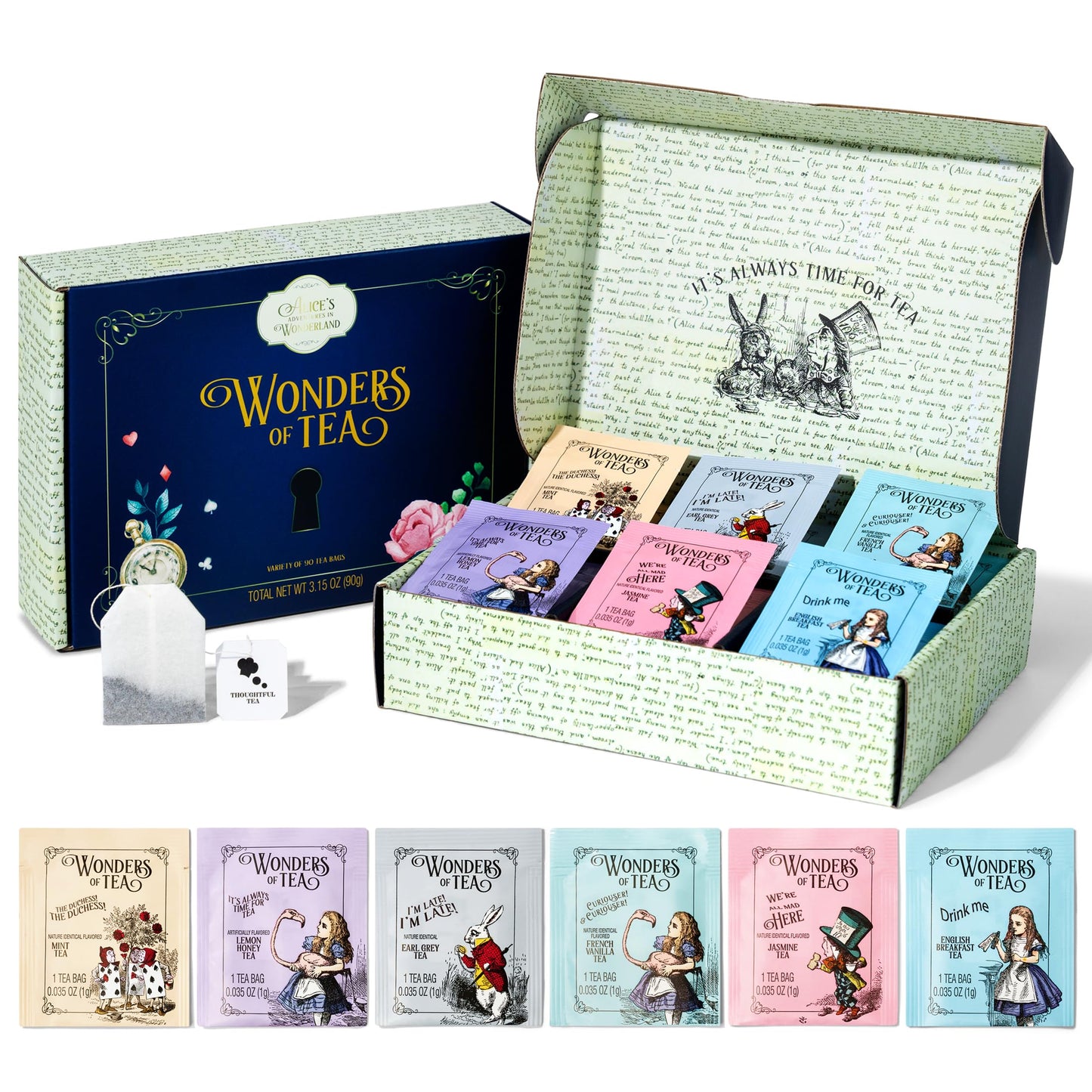 Alices Adventures in Wonderland  Wonder of Tea Gift Set  Tea Sampler includes 6 Flavors of Tea with Book Quotes and Illustrations  Set of 90