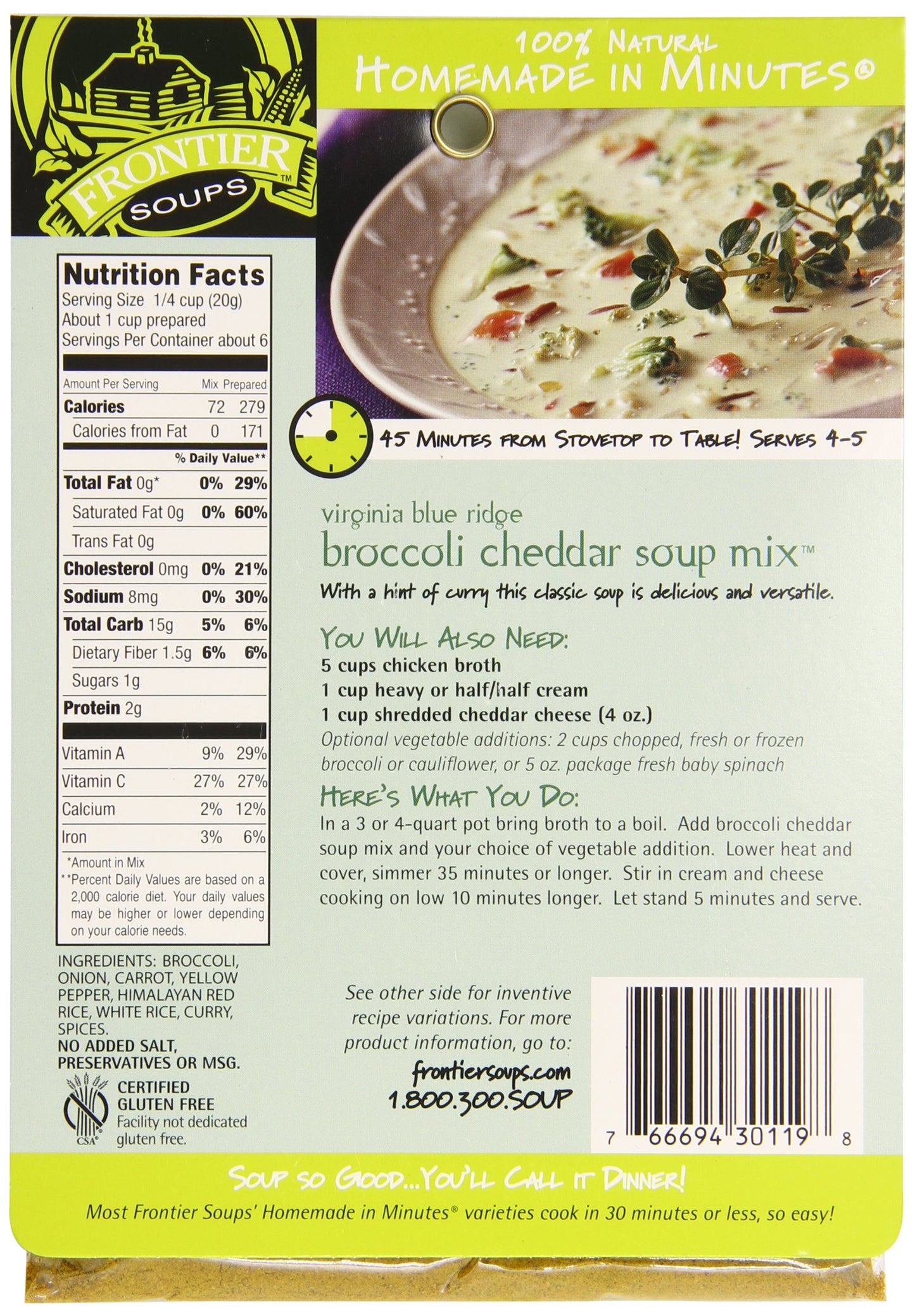 Frontier Soups Homemade In Minutes Soup Mix, Virginia Blue Ridge Broccoli Cheddar, 5 Ounce