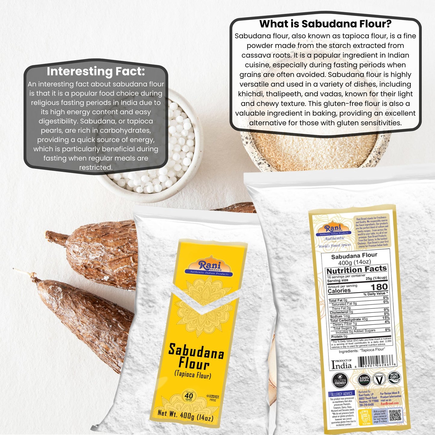 Rani Sabudana Flour (Tapioca/Sago Flour) 14Oz (400G) ~ All Natural | Vegan | Gluten Friendly | Non-Gmo | Kosher | Indian Origin