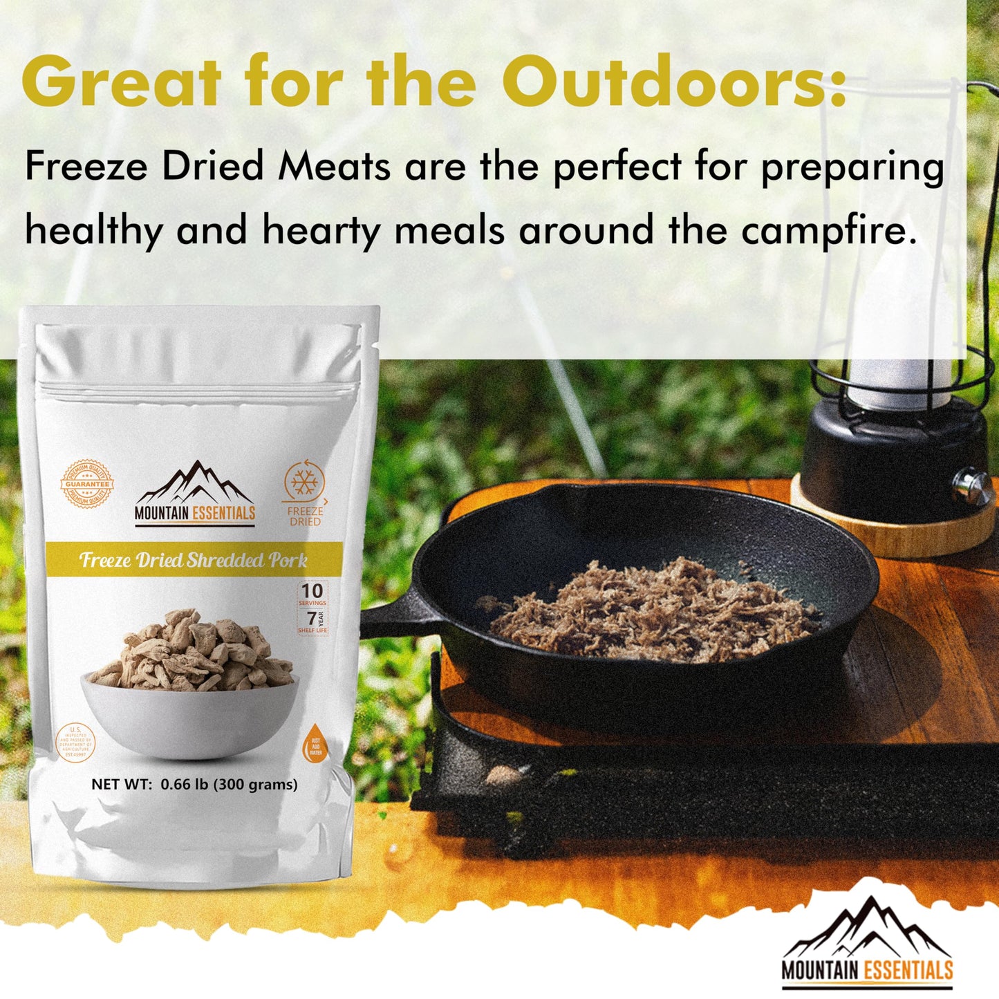 Mountain Essentials Freeze-Dried Shredded Pork – Fully Cooked, Ready-To-Eat Meat | 10 Servings Per Pouch | 7-Year Shelf Life | Ideal For Daily Meals, Camping, Emergency Preparedness & Survival | Made In Usa | Pack Of 1