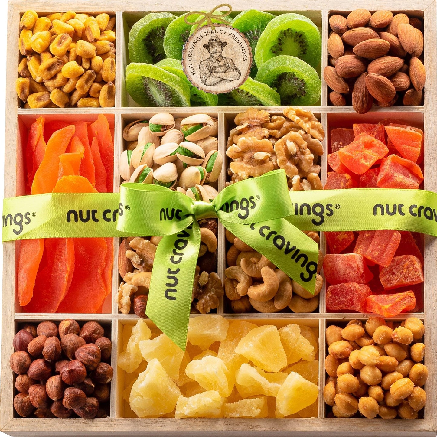 NUT CRAVINGS - Holiday Xmas Christmas Dried Fruit & Mixed Nuts Gift Basket in Reusable Wooden Tray + Ribbon (12 Assortments) Food Arrangement  Healthy Snack Care Package