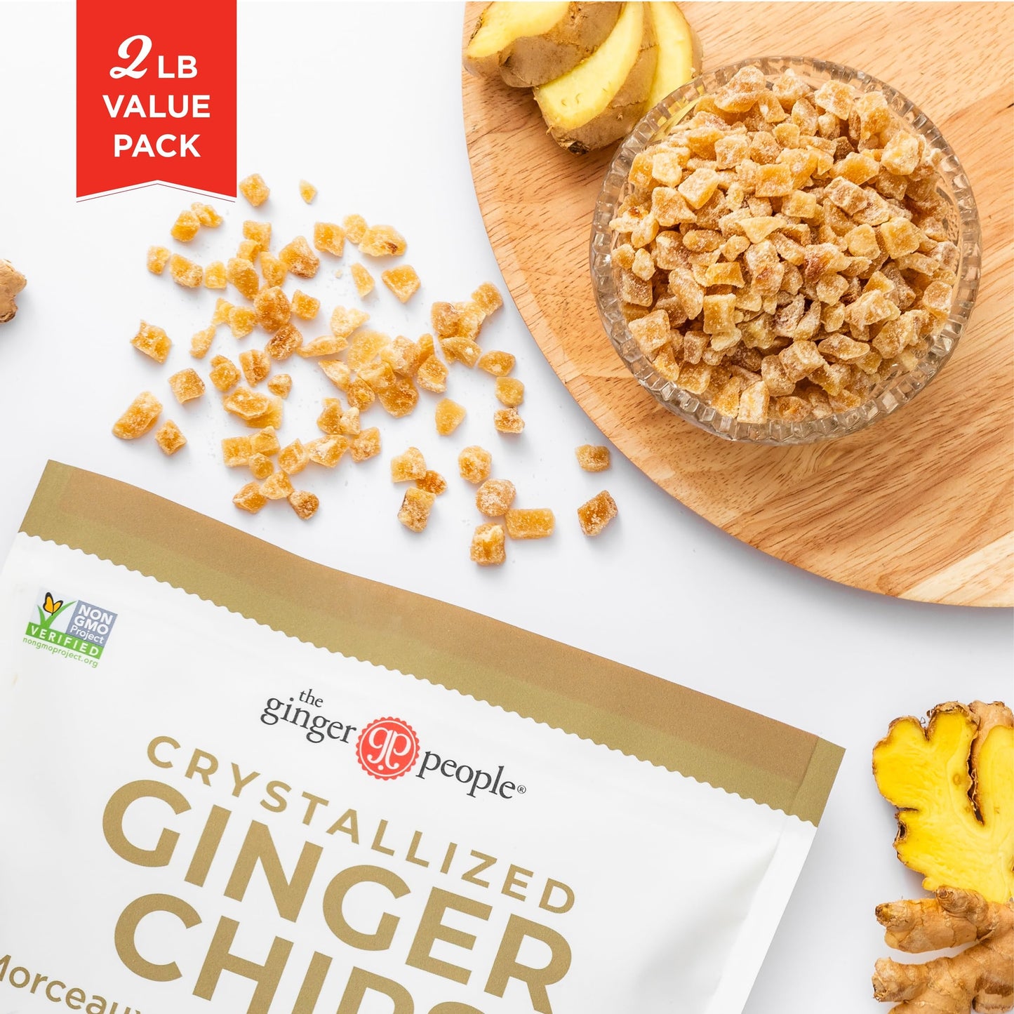 The Ginger People Crystallized Ginger Chips 2Lb Bag, Non-Gmo, Gluten-Free, Vegan, Bite-Sized Candied Ginger For Snacking, Baking