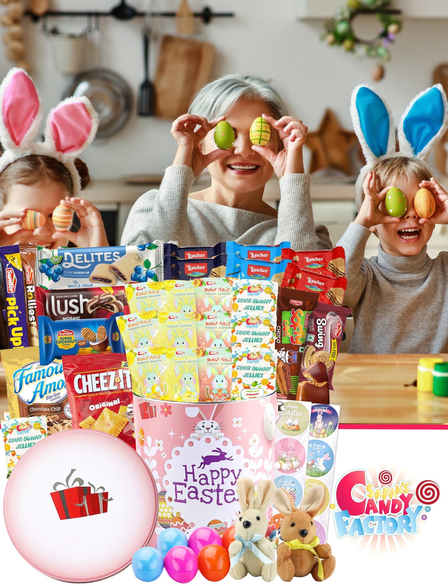 Easter Snack Pink Tin (46 Count) Filled With Candy, Peelable Gummies, Bunny And More, Great Package For Family, Friends, Boys An