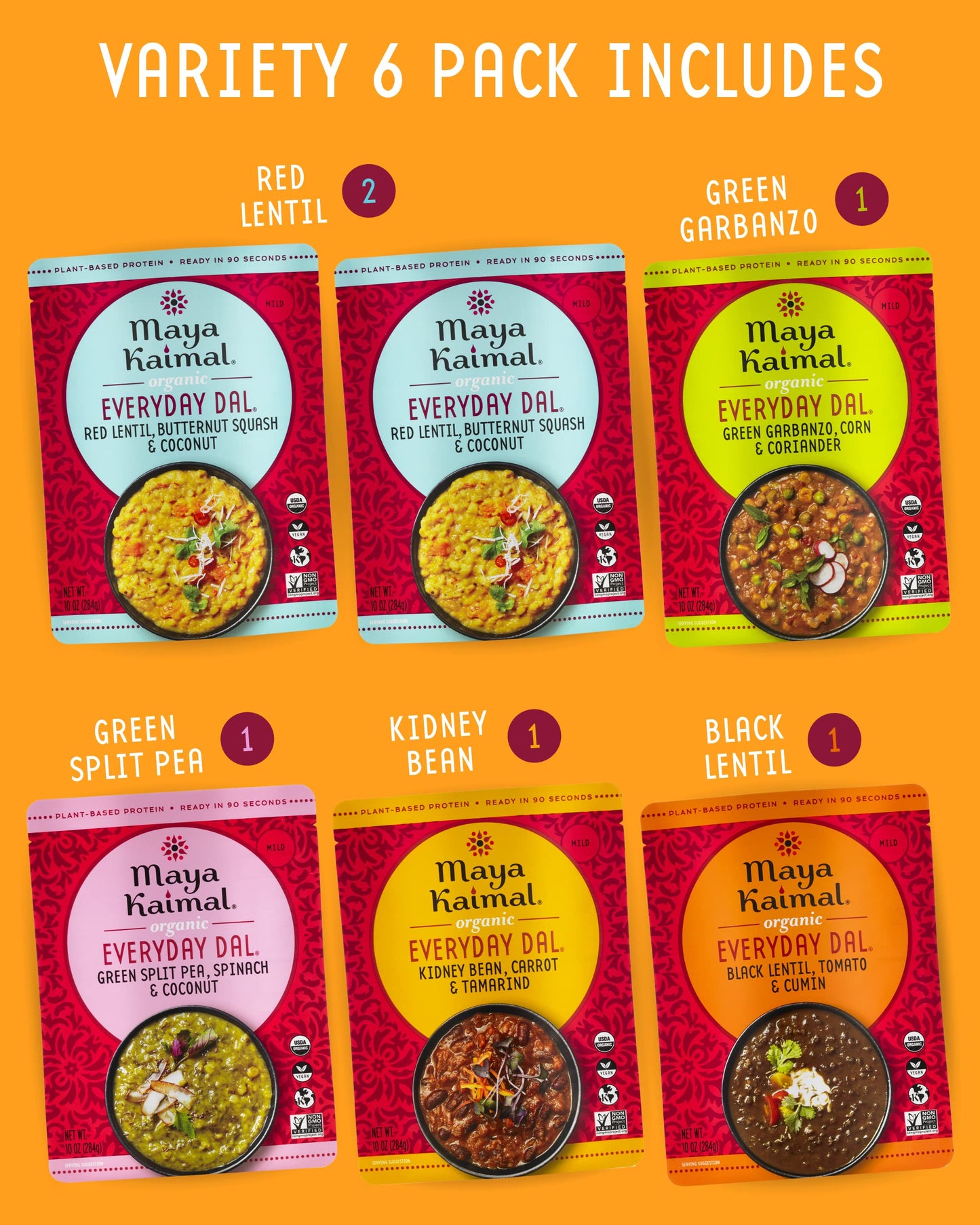 Maya Kaimal Foods - Organic Indian Everyday Dal - 6 Pack Variety Of 10Oz Ready To Eat Meals - Fully Cooked - Vegan - Kosher - Mi