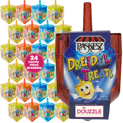 DOUzzle Hanukkah Candy Dreidels for Kids in Bulk, Driedel Filled with Treats (Pack of 24) Hanukah Party Favors, Happy Chanuka Sw