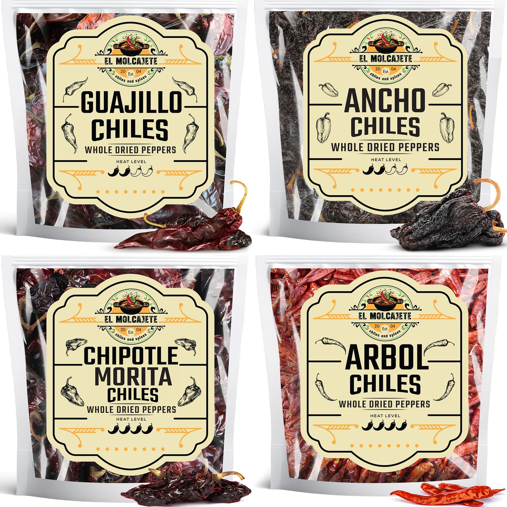 Dried Chile Pepper Variety 4-Pack - Ancho  Guajillo  Arbol & Chipotle Chiles - Whole Peppers for Authentic Mexican Cooking  Sauces  Salsas & Marinades - Bold Flavor  Hand Selected By El Molcajete
