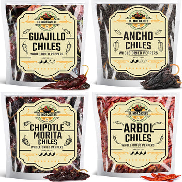 Dried Chile Pepper Variety 4-Pack - Ancho  Guajillo  Arbol & Chipotle Chiles - Whole Peppers for Authentic Mexican Cooking  Sauces  Salsas & Marinades - Bold Flavor  Hand Selected By El Molcajete