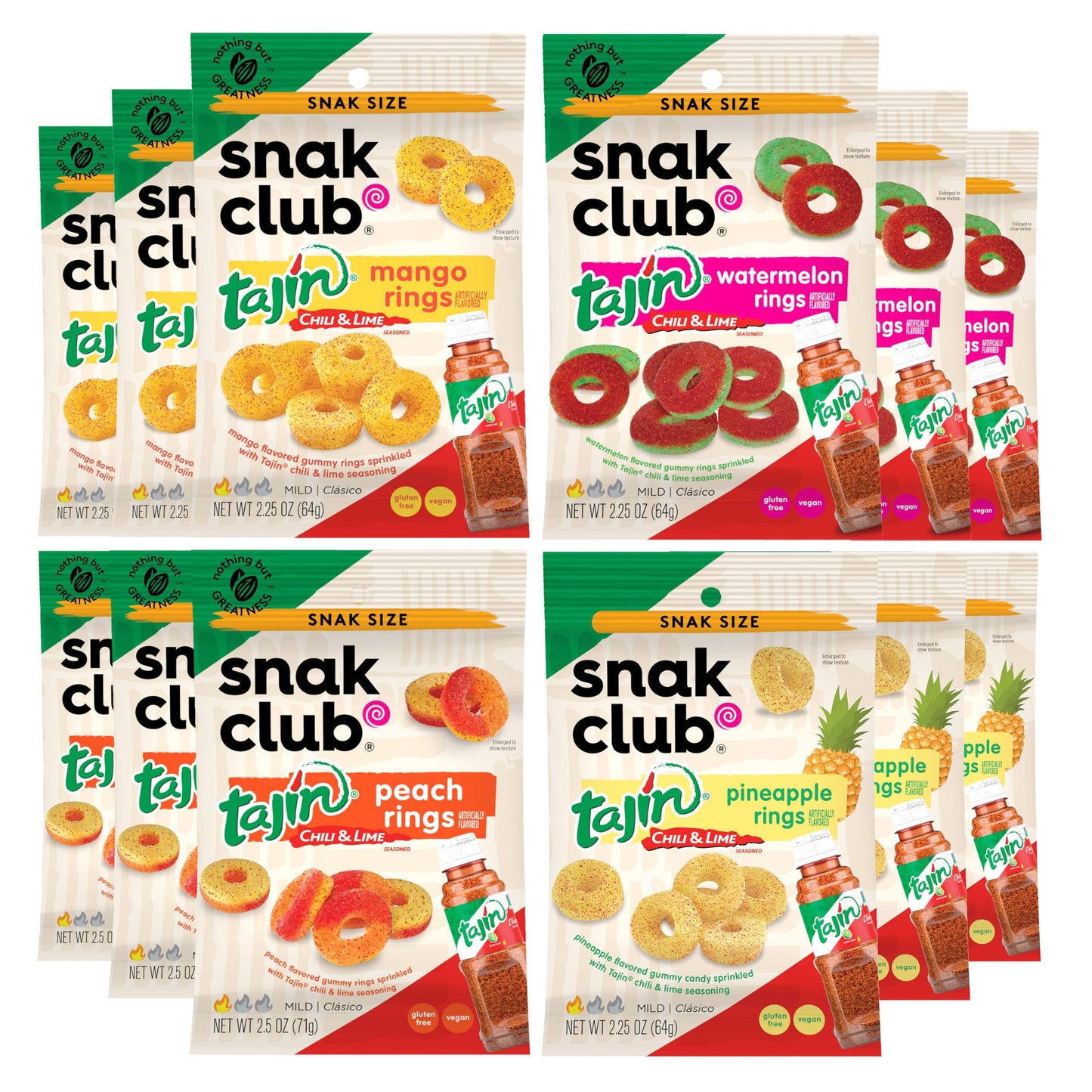 Snak Club Tajin Gummy Candy Fruit Rings, Gummies with Chili and Lime Seasoning, Mild Spice, Gluten-Free and Vegan Snacks, Assort