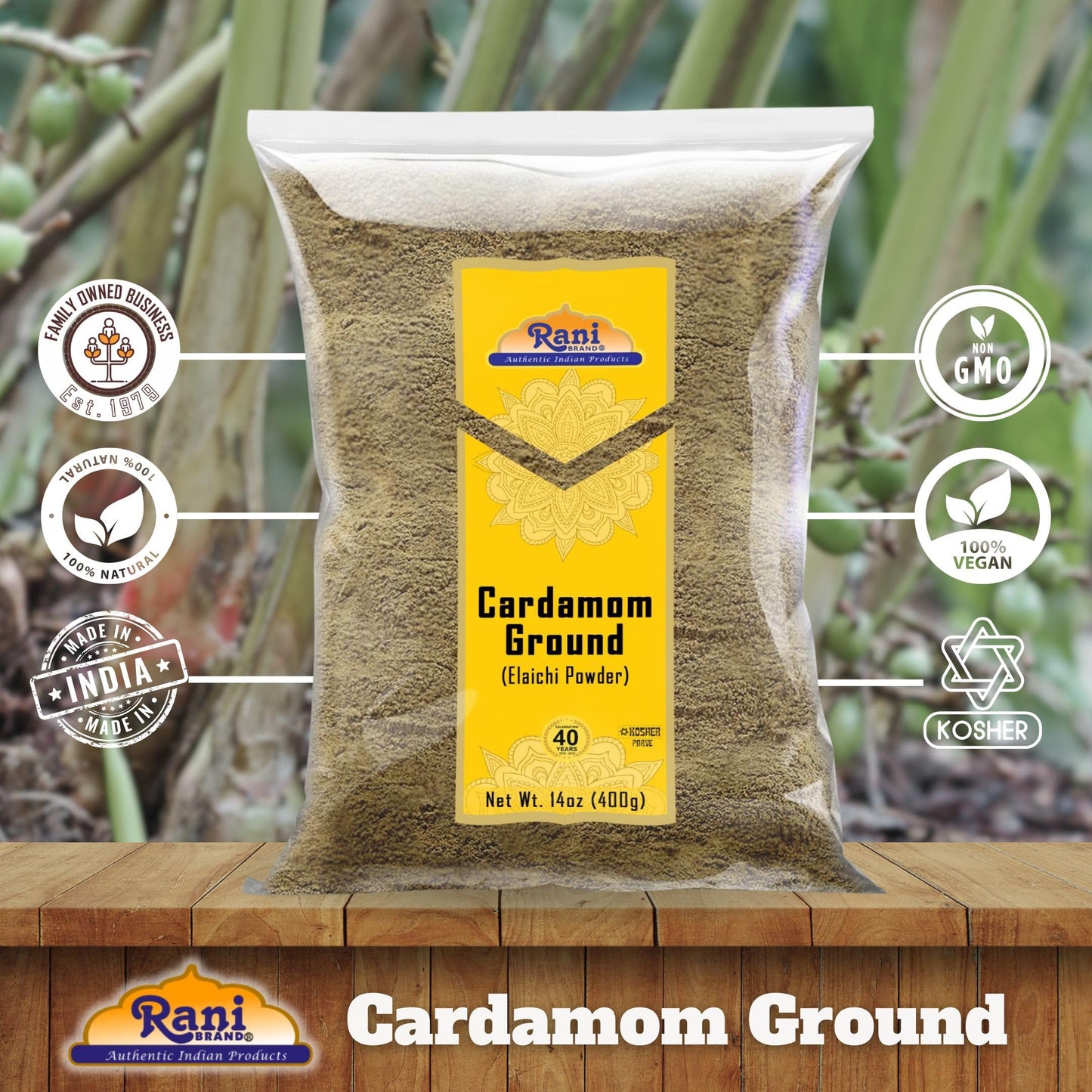 Rani Cardamom (Elachi) Ground, Powder Indian Spice 14Oz (400G) ~ All Natural | No Color Added | Gluten Friendly | Vegan | Non-Gm