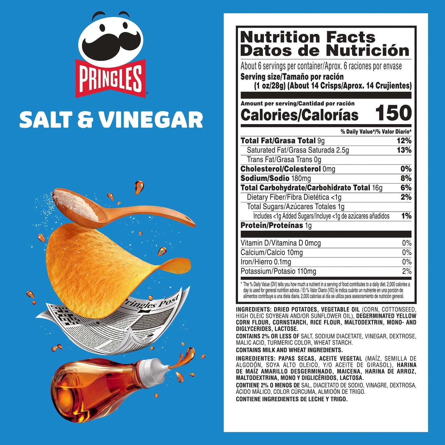 Pringles Salt & Vinegar Flavored Potato Crisps, 158 Gram