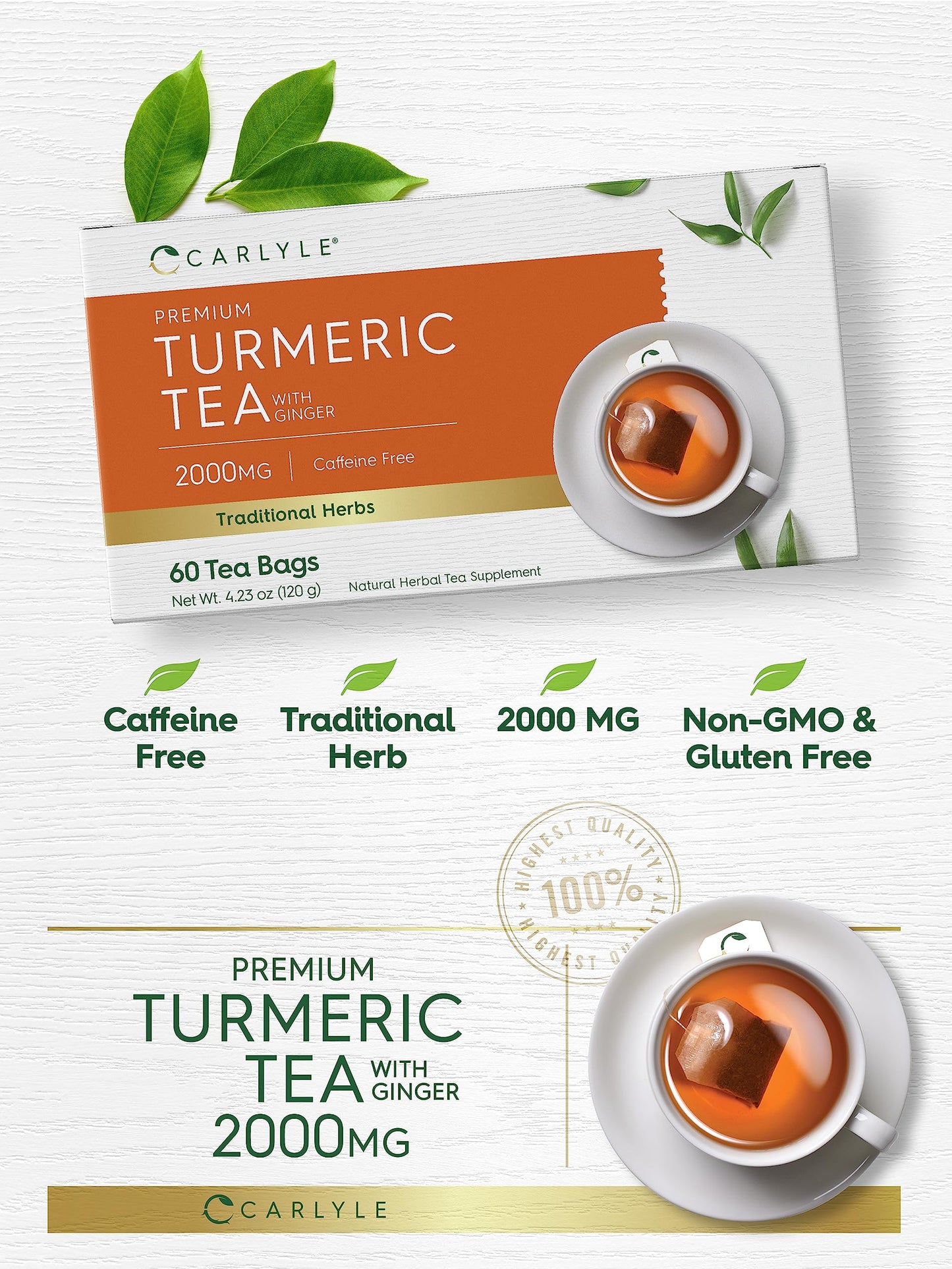 Carlyle Turmeric Tea Bags with Ginger, Caffeine Free, Non-GMO, Gluten Free, 60 Count
