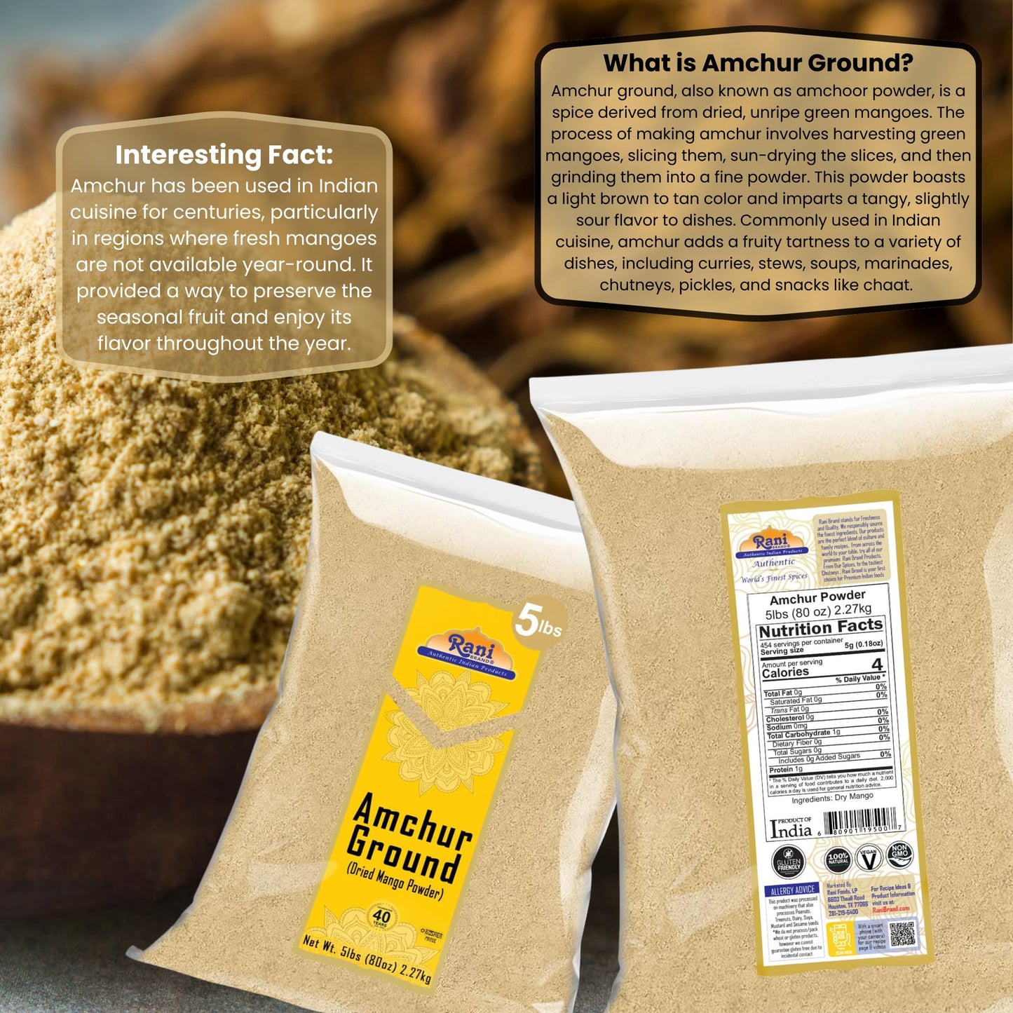 Rani Amchur (Mango) Ground Powder Spice 80Oz (5Lbs) 2.27Kg Bulk ~ All Natural, Indian Origin | No Color | Gluten Friendly | Vegan | Non-Gmo | No Salt Or Fillers