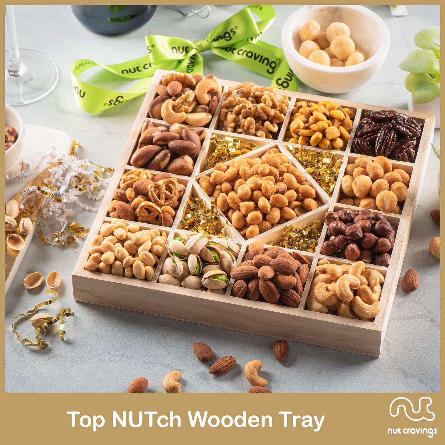 Nut Cravings - Thanksgiving Mixed Nuts Gift Basket In Reusable Diamond Wooden Tray + Green Ribbon (13 Assortments) Holiday Xmas Christmas Food Arrangement Healthy Snack Care Package