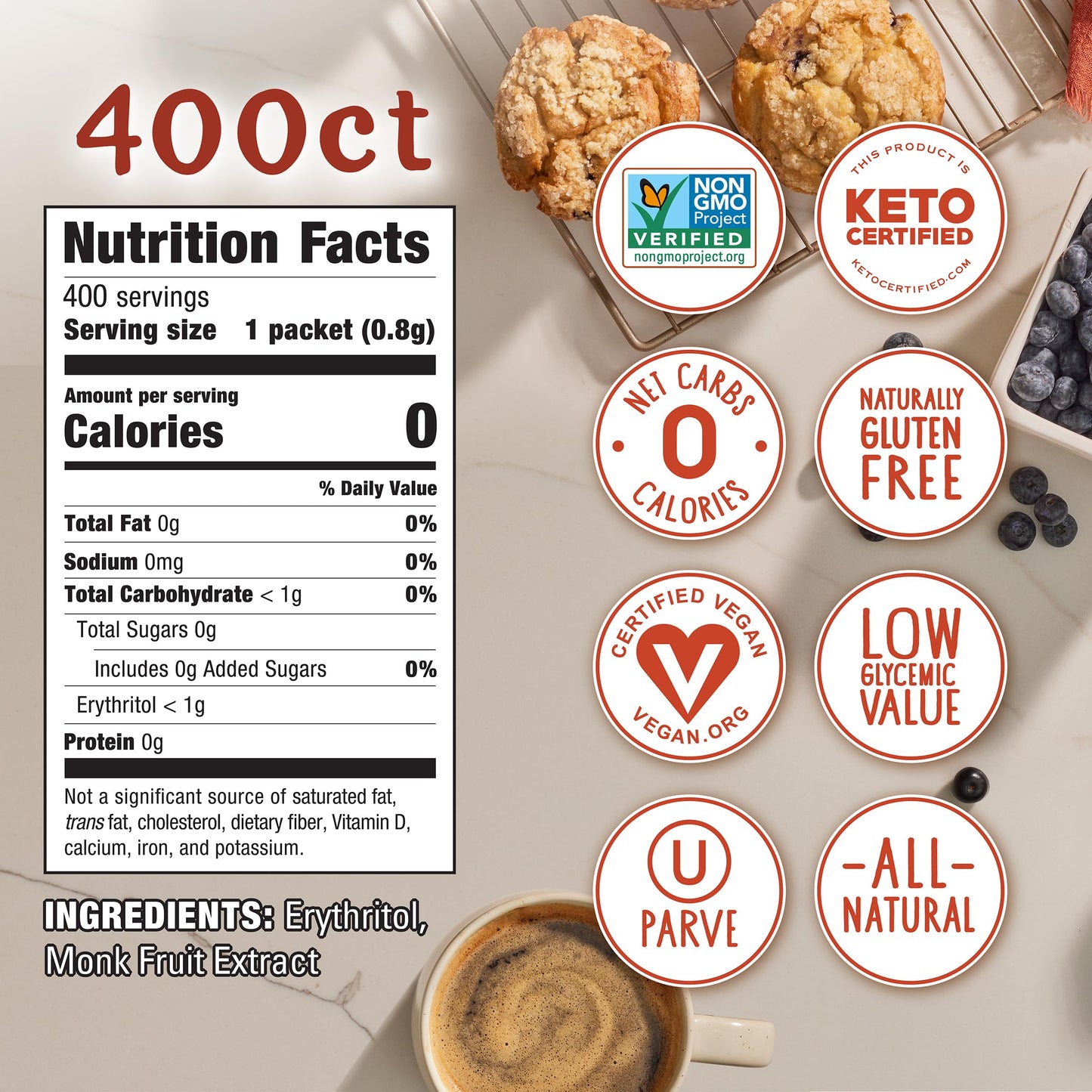 Monk Fruit In The Raw Sweetener Packets, 200 Ct Box, 2 Pack, Keto Certified Monk Fruit Sweetener Packets, Zero Calories, Zero Ne
