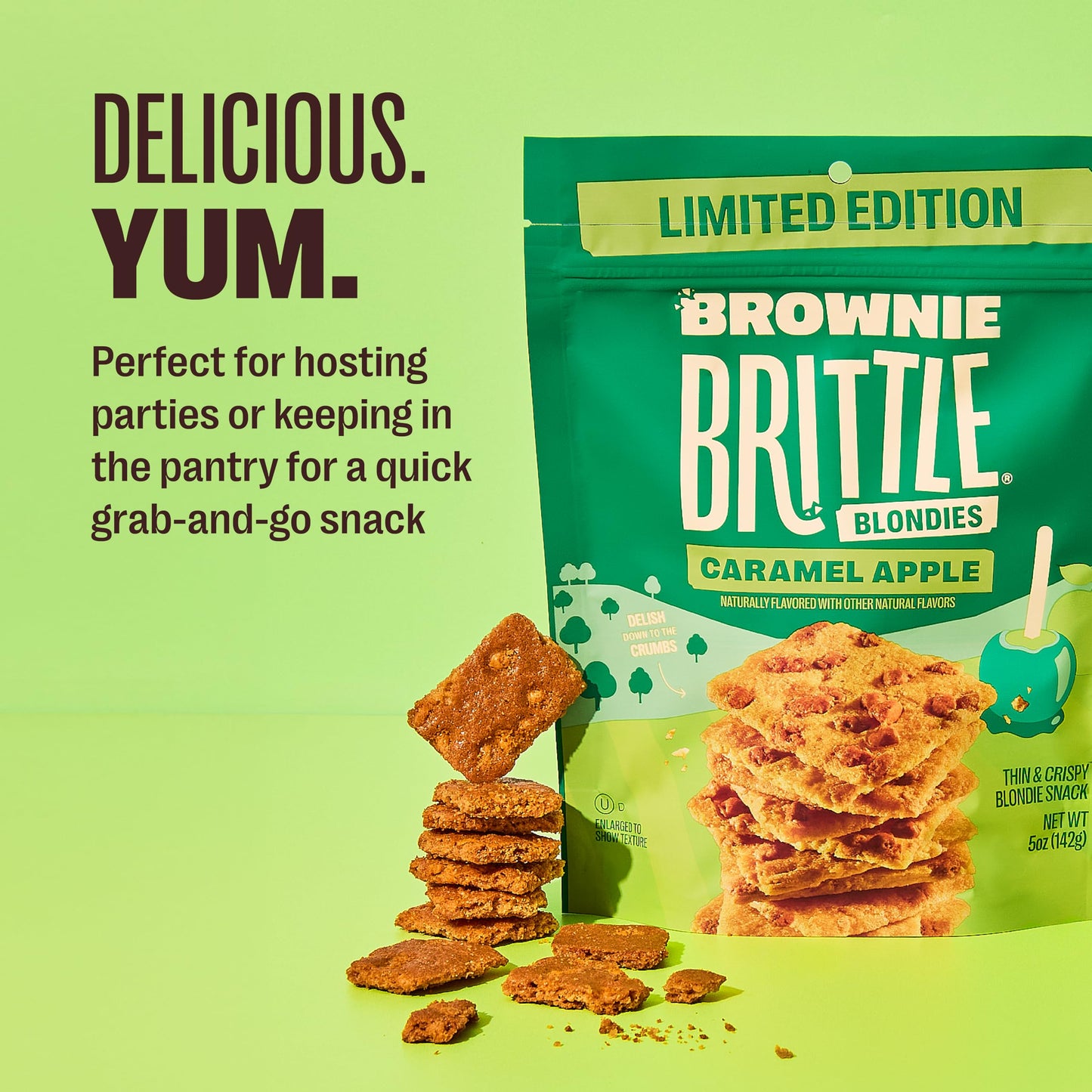 Brownie Brittle - Caramel Apple Blondie Thin and Crispy Sweet Snacks (Pack of 3, 5 oz), Rich Gourmet Brownie Bites Dessert