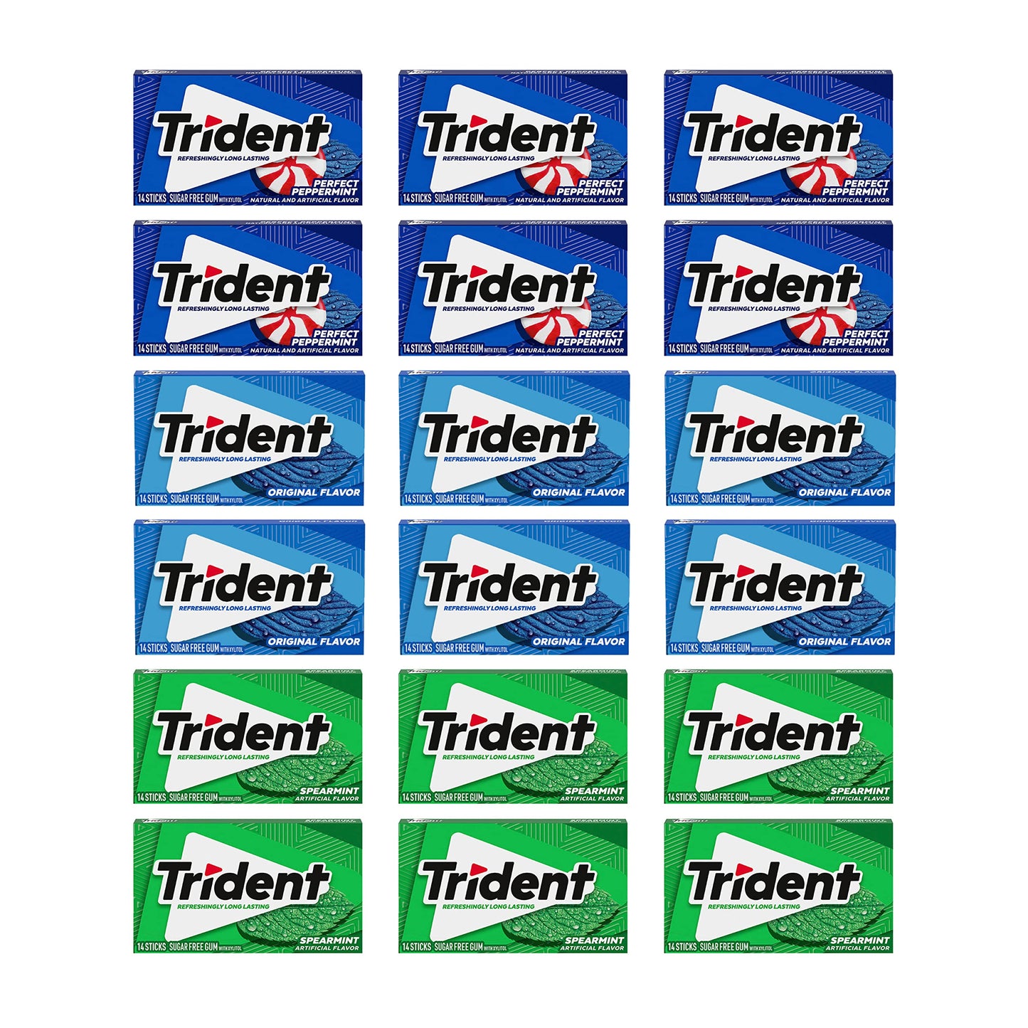 Trident Sugar Free Gum Variety Pack, Spearmint, Perfect Peppermint & Original Flavors, 18 Packs Of 14 Pieces (252 Total Pieces)