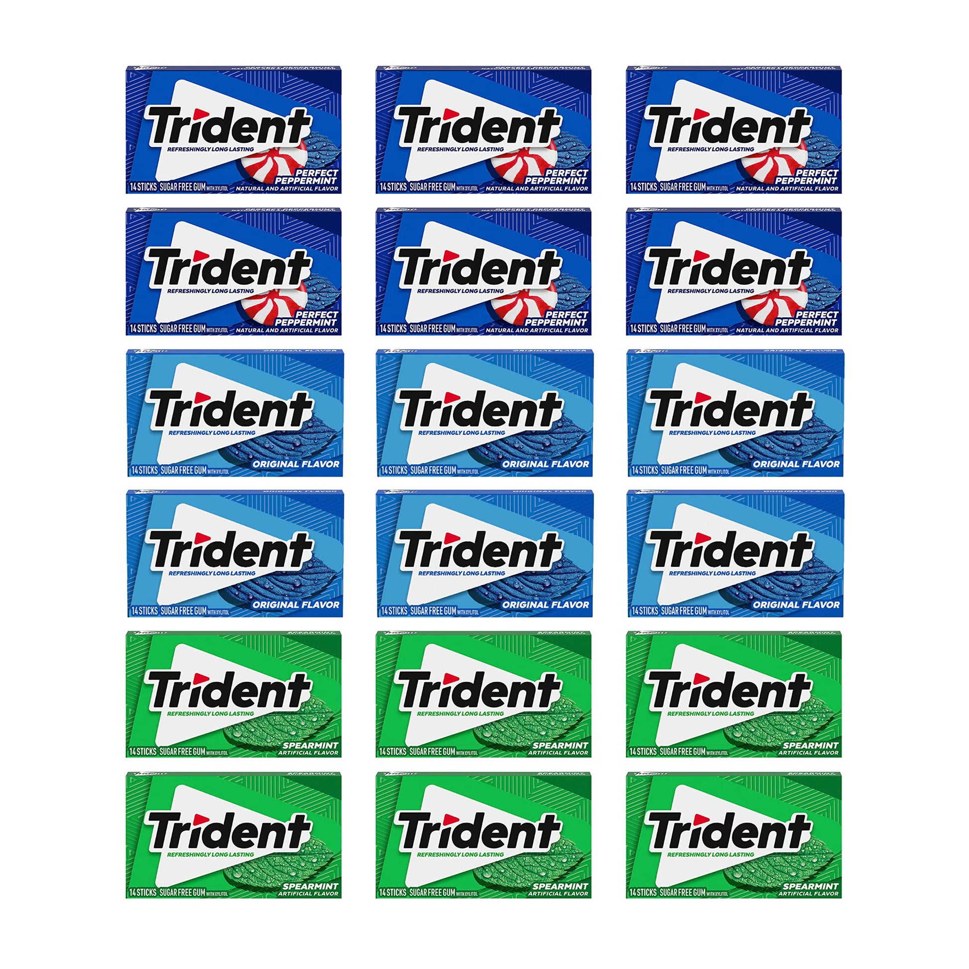 Trident Sugar Free Gum Variety Pack, Spearmint, Perfect Peppermint & Original Flavors, 18 Packs Of 14 Pieces (252 Total Pieces)