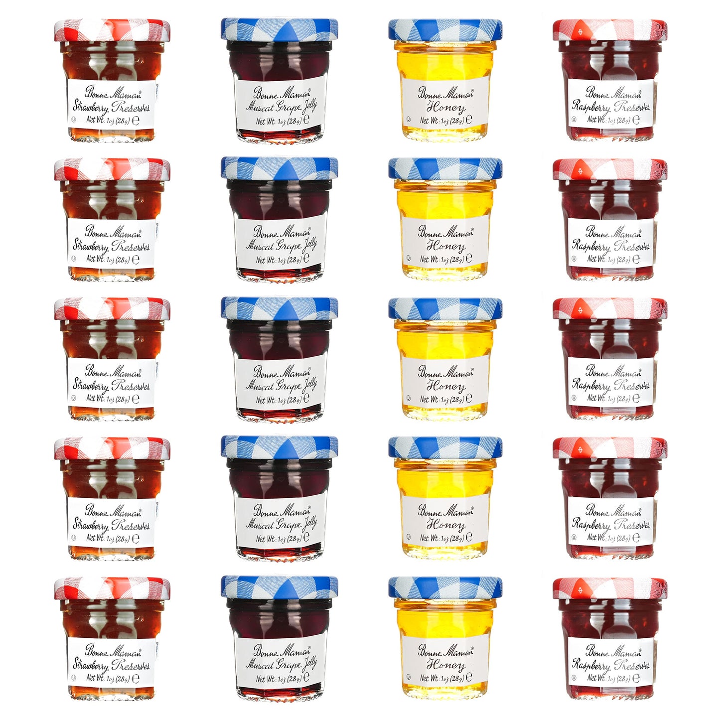 Bonne Maman Assorted - 20/1 Oz Mini Jars -Strawberry, Raspberry, Honey, Grape - 5 Each Flavor