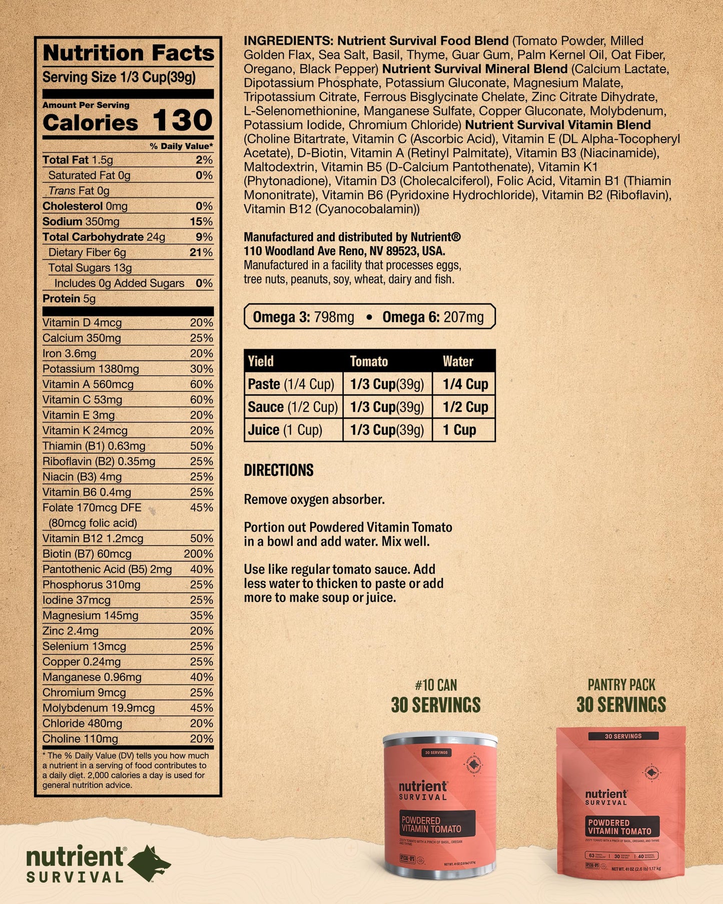 Nutrient Survival Tomato Powder, Powdered Vitamin Tomato (30 Servings) Emergency Food Supply & Camping Supplies For Soups, Sauces, Meatloaf, 40 Nutrients, Shelf Stable Up To 25 Years, One Can