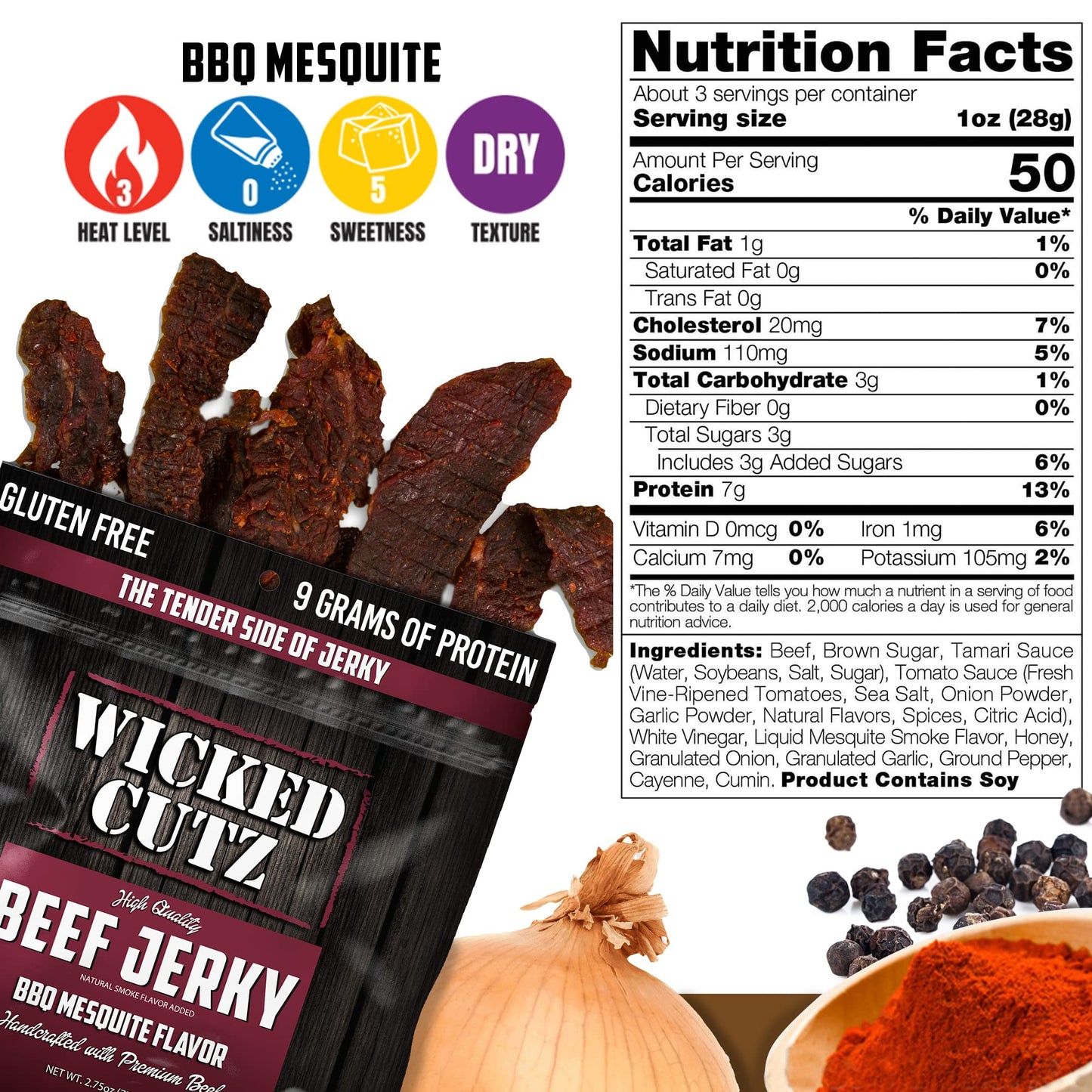 Wicked Cutz BBQ Mesquite Beef Jerky, 21g Protein, Tender & Easy to Chew, 2.75 oz (Pack of 2)