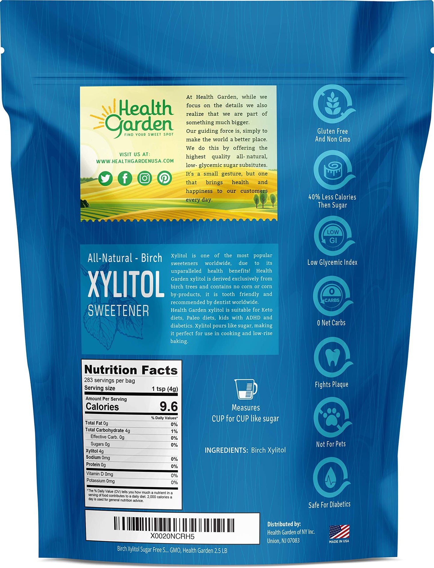 Health Garden Birch Xylitol Sweetener - 2.5 Lb Resealable Bag - Pure Birch Xylitol - Non Gmo, Kosher, And Made In The U.S.A. - Ideal Powdered Sugar Substitute - Non-Gmo Sugar Alternative