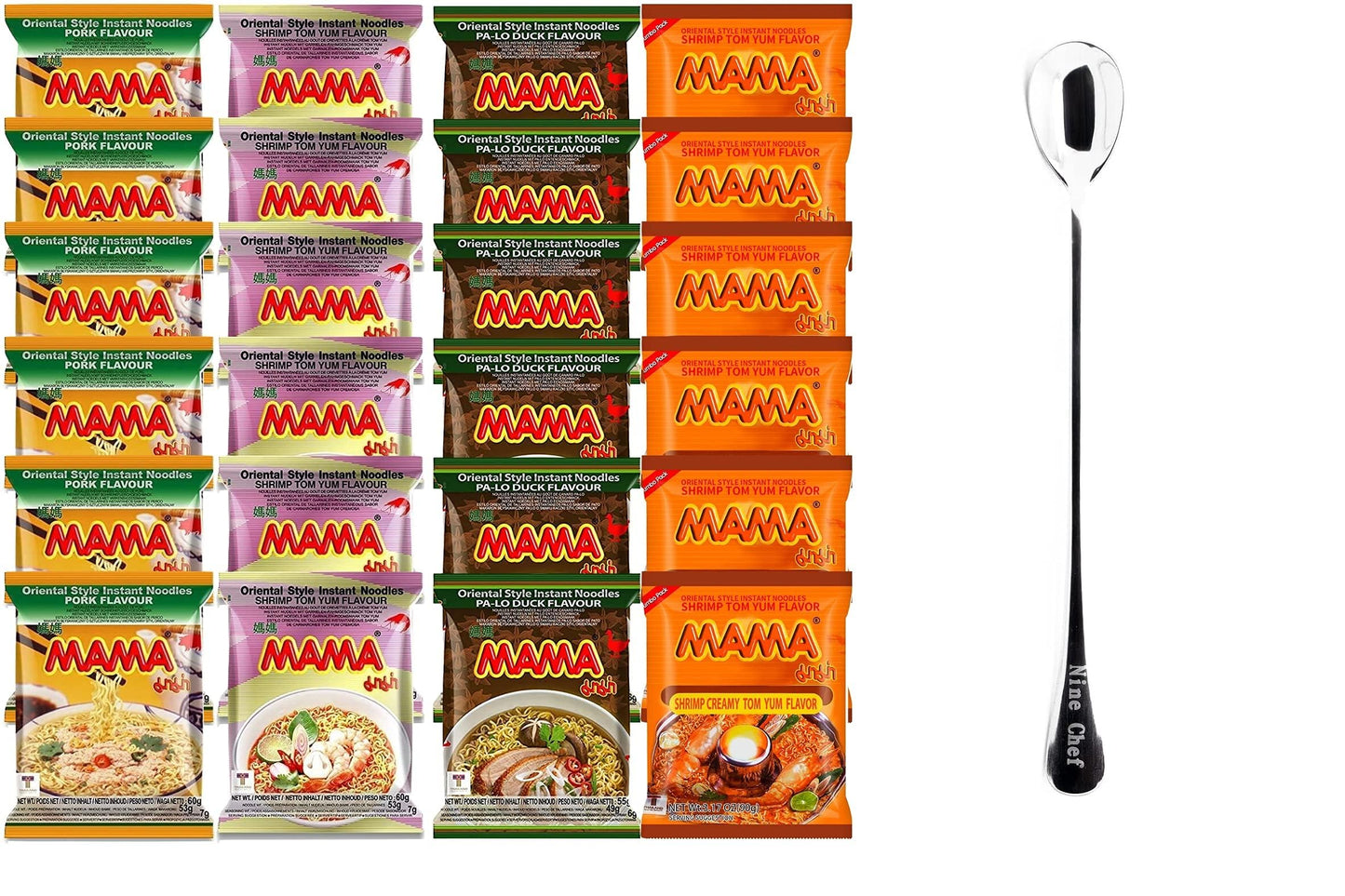 Mama Ramen Thai Noodle, 4 flavor (Shrimp Tom Yum, Pa Lo Duck, Shrimp Creamy Tom Yum, Pork), each flavor 6 bags Total 24 small ba