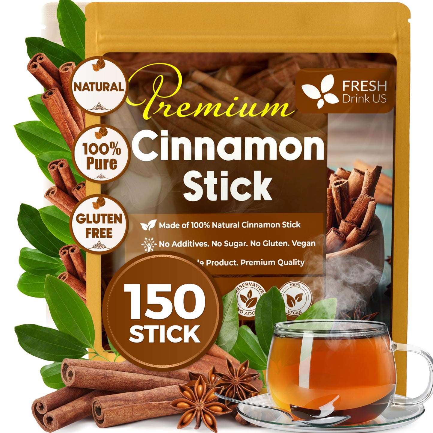 Freshdrinkus, 150-160 Cinnamon Sticks, 2 ¾”, 100% Pure & Natural, Strong Aroma, Great For Baking, Cooking, Beverages & Gift, No Additives, Vegan, Cinnamon Stick
