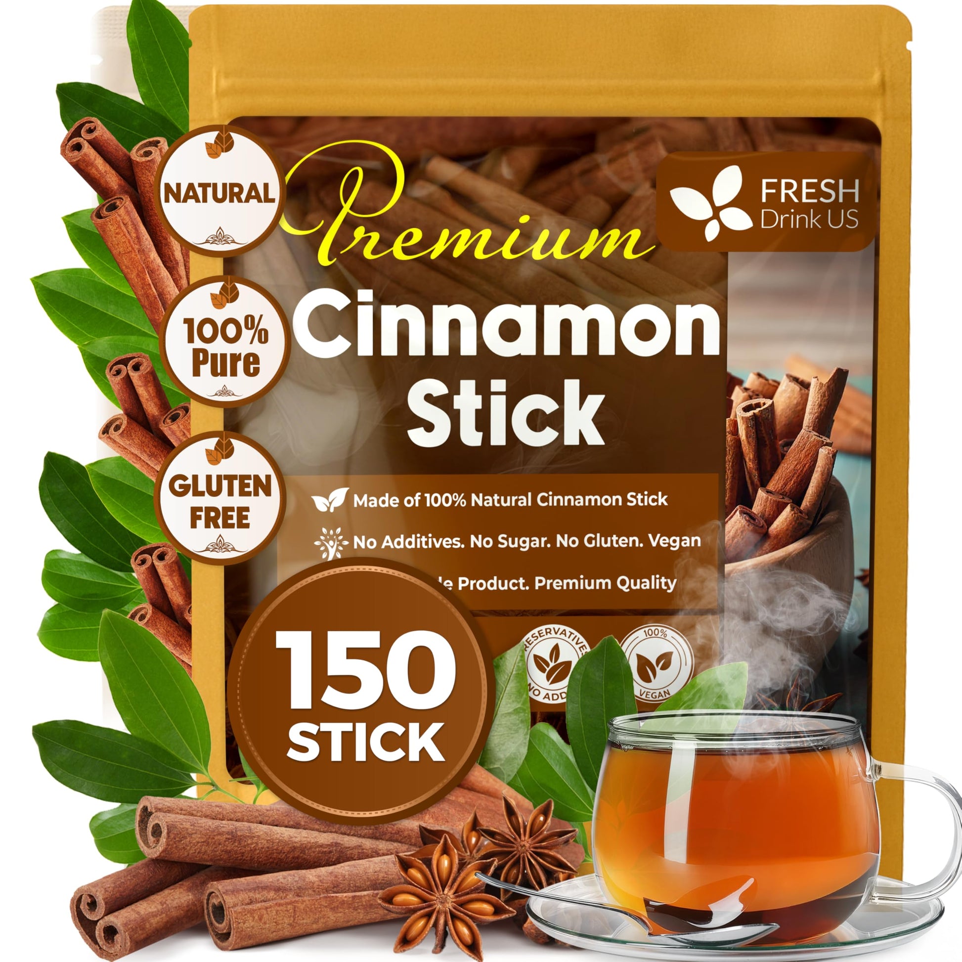 Freshdrinkus, 150-160 Cinnamon Sticks, 2 ¾”, 100% Pure & Natural, Strong Aroma, Great For Baking, Cooking, Beverages & Gift, No Additives, Vegan, Cinnamon Stick