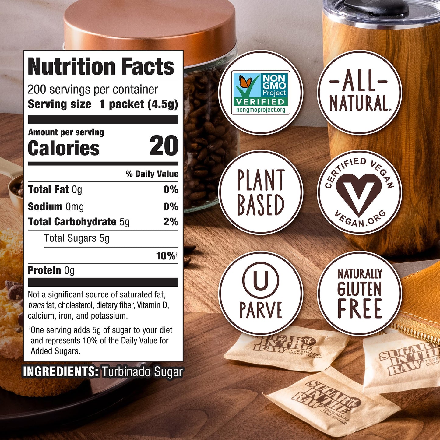 Sugar In The Raw Granulated Turbinado Cane Sugar On The Go Packets, No Erythritol, Pure Natural Sweetener, Hot & Cold Drinks, Co