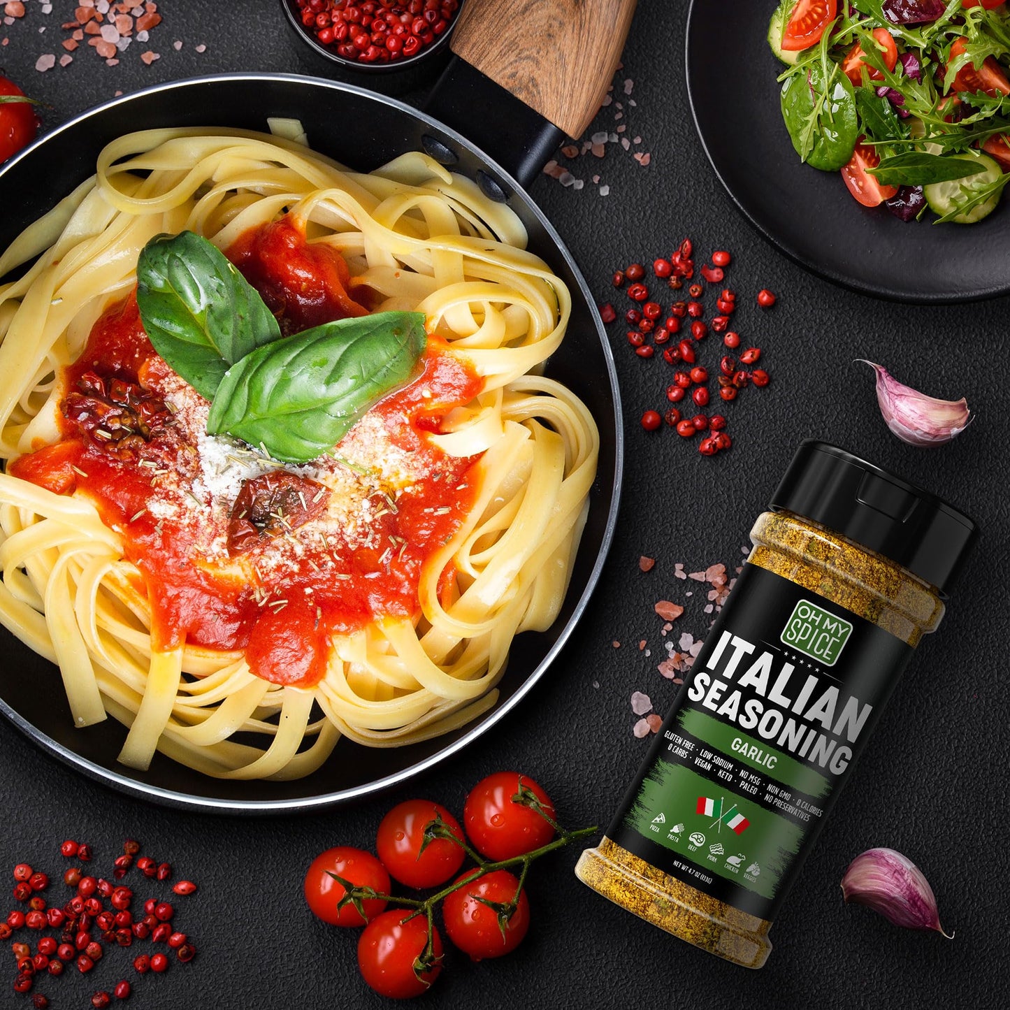 Italian Seasoning Blend Garlic Powder Mix - Gluten Free & Low Sodium Pizza Seasonings For Bruschetta & Spaghetti. Garlic And Her