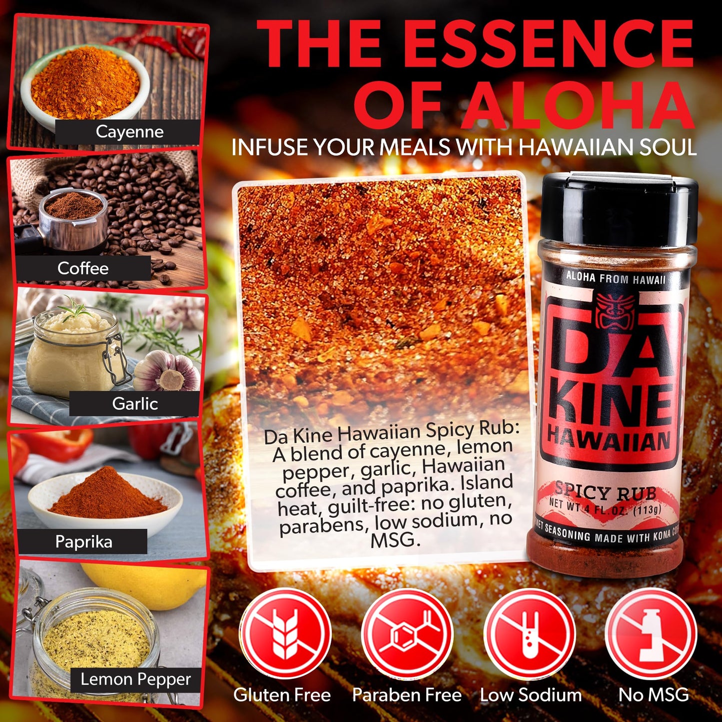 Da Kine Hawaiian BBQ Dry Rub Seasoning, Gluten-Free, Low Sodium, Spicy Flavor, 4 oz, 3 Pack