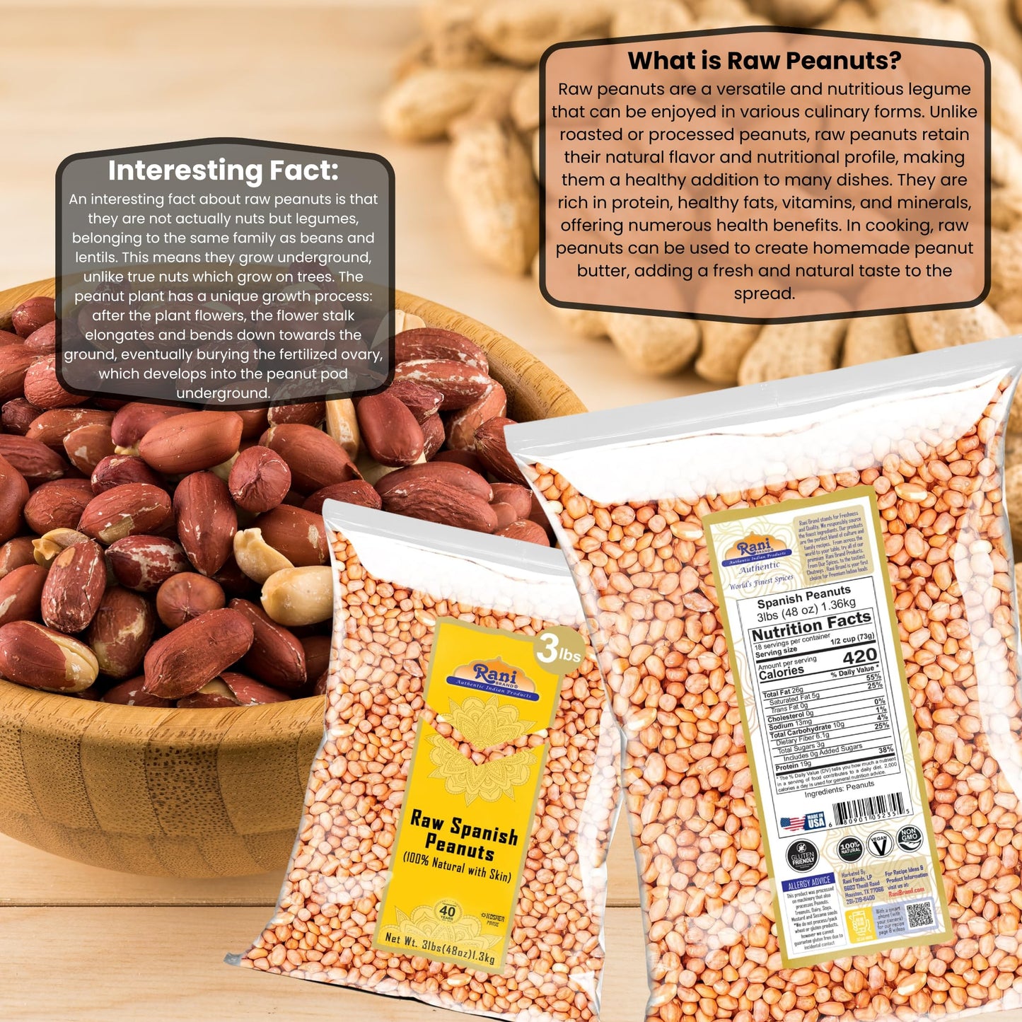 Rani Raw Spanish Peanuts 100% Natural With Skin (Uncooked, Unsalted) 48Oz (3Lbs) 1.36Kg Bulk ~ Vegan | Gluten Friendly | Fresh P