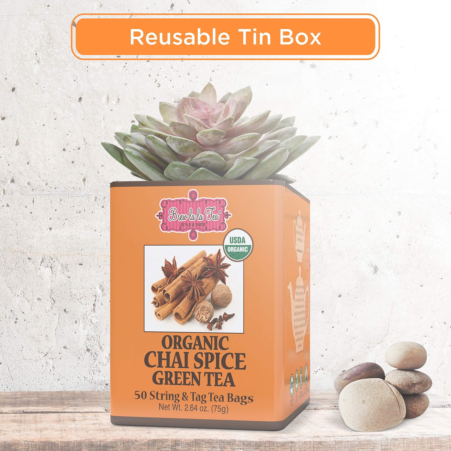 Brew La La Organic Green Tea - Chai Spice - 50 Tea Bags - Low Caffeine - USDA Certified Organic