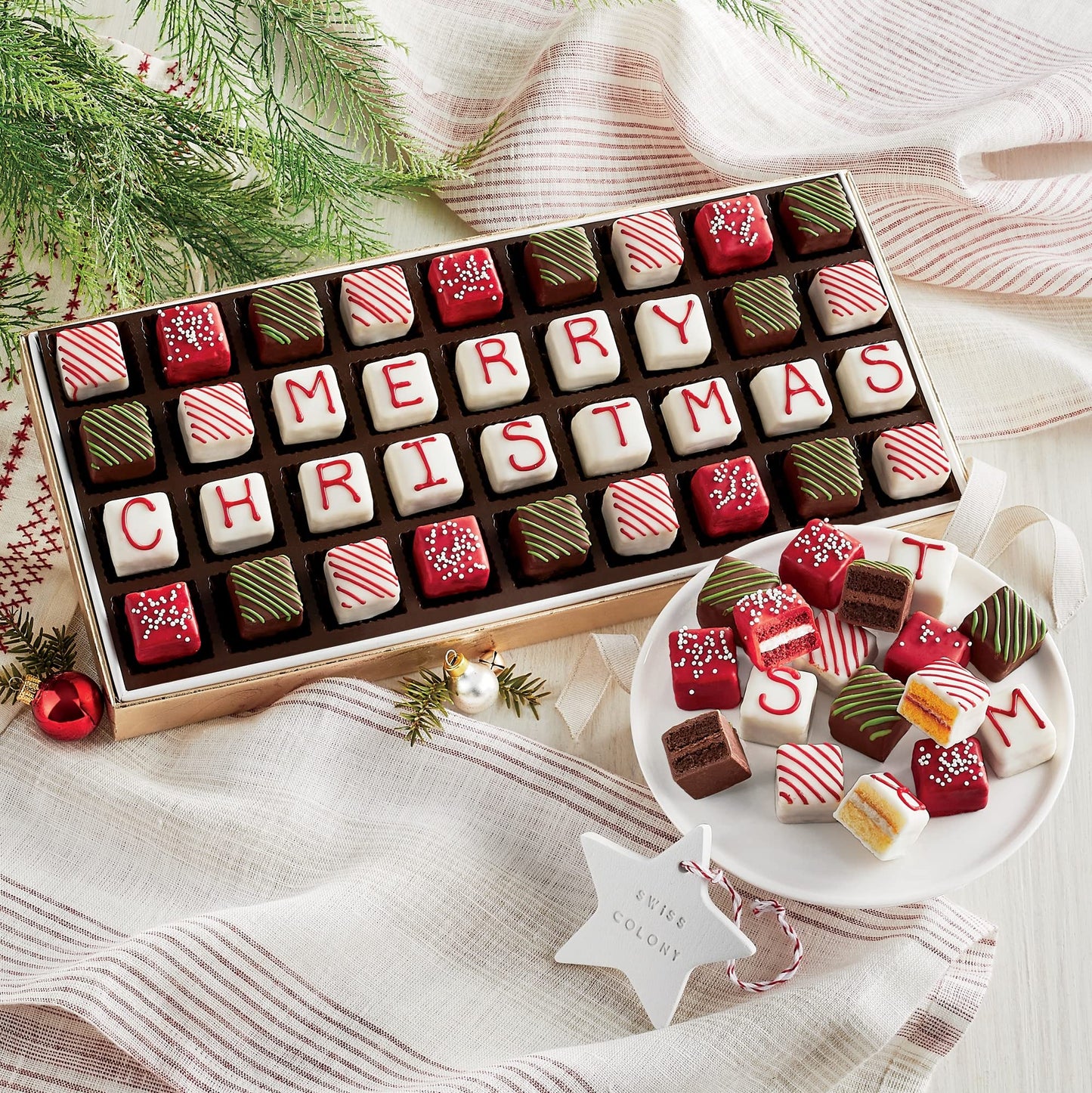 The Swiss Colony Merry Christmas Petits Fours Gourmet Mini Layer Cakes, Red Velvet, Strawberry, Double Chocolate, And Vanilla Tr