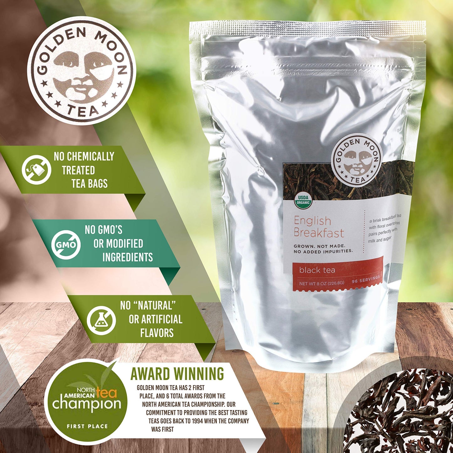 Golden Moon Tea Organic English Breakfast Black Tea Loose Leaf - Non-GMO, 1 Pound (192 Servings)