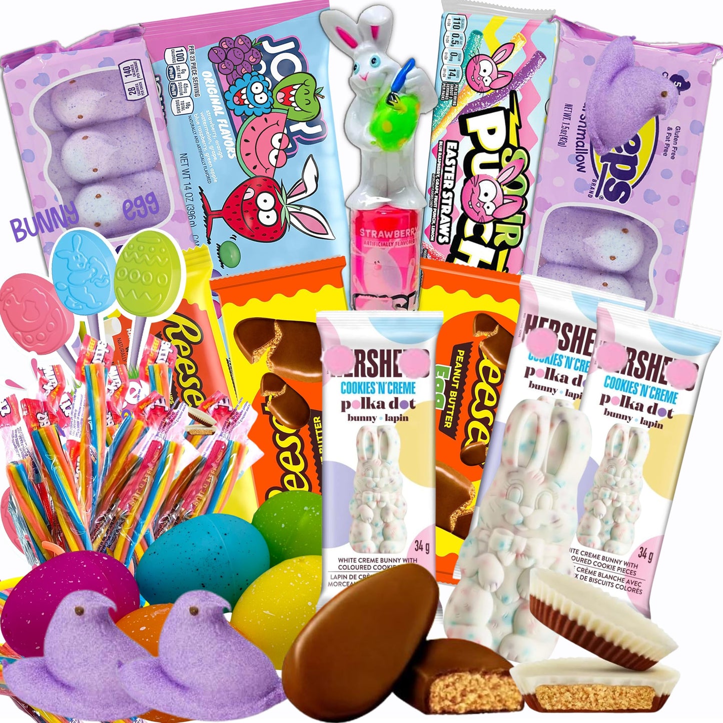 Partypom Filled Easter Baskets for Kids - 35 Count Treats Assortment with Candy Snacks and Chocolate - Easter Gift Food Box