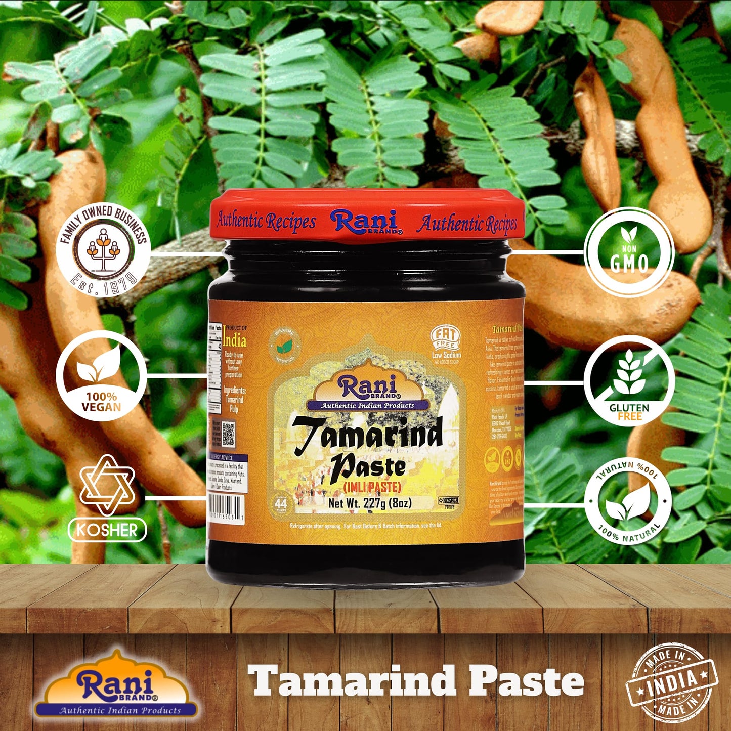 Rani Tamarind Paste Puree (Imli) 8Oz (227G) Glass Jar, No Added Sugar, Pack Of 5+1 Free ~ All Natural | Vegan | Gluten Free | No