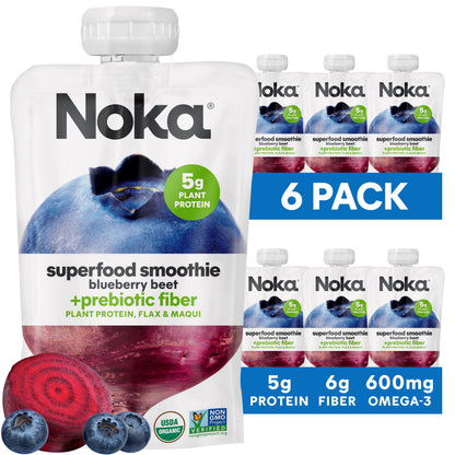 Noka Superfood Fruit Smoothie Pouches, Blueberry Beet, Healthy Snacks with Flax Seed, Plant Protein and Prebiotic Fiber, Vegan a