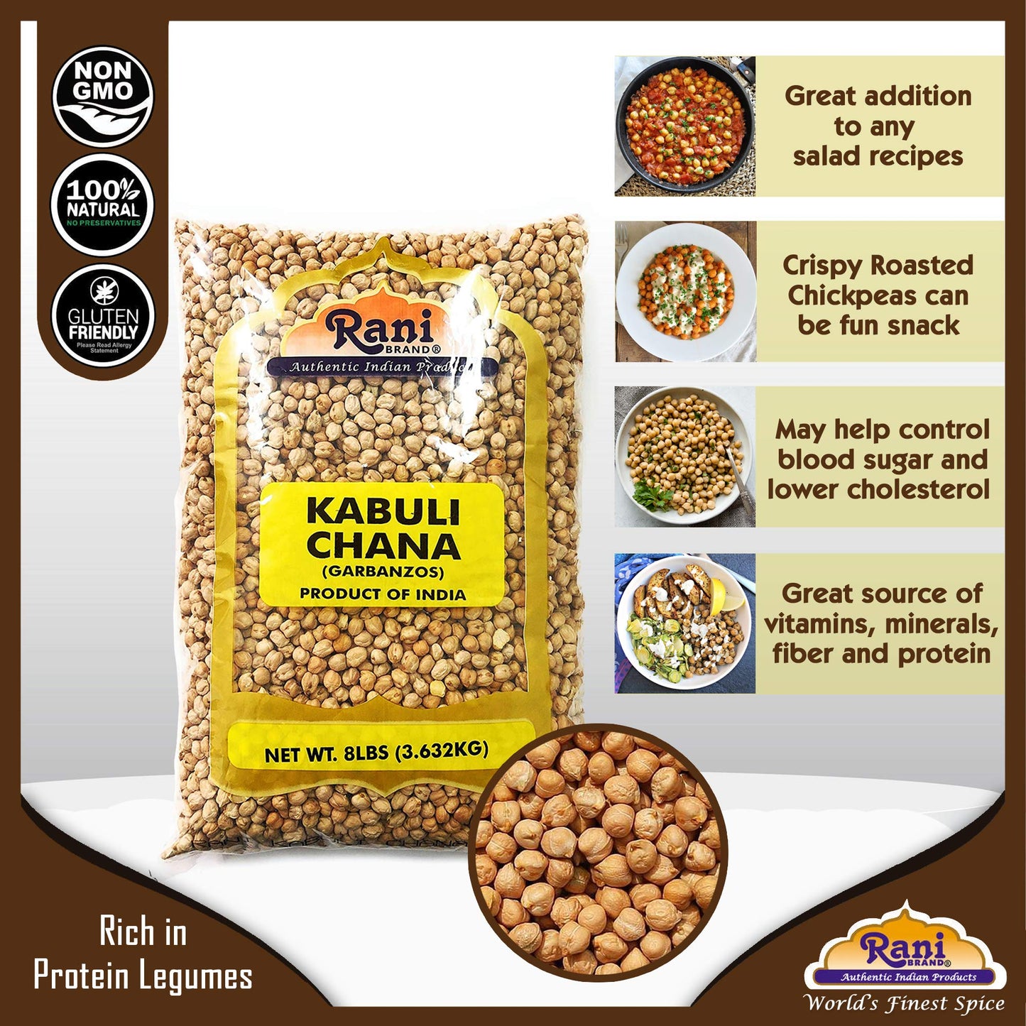 Rani Garbanzo Beans (Kabuli Chana) 128Oz (8Lbs) 3.63Kg Bulk ~ All Natural | Vegan | Gluten Friendly | Non-Gmo | Kosher | Indian Origin