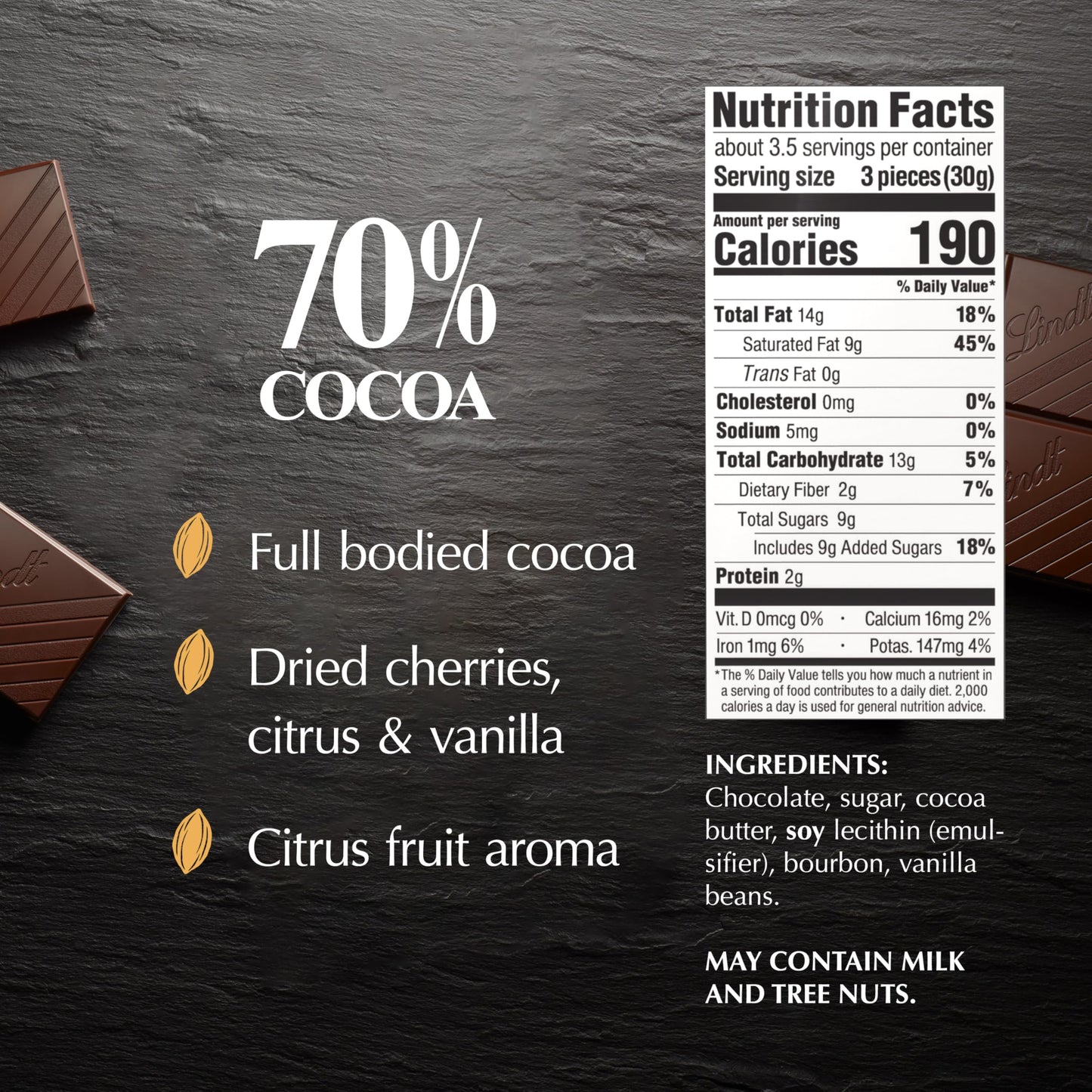 Lindt Dark Chocolate Bar, 70% Cocoa, 3.5 oz, 12 Pack, Natural