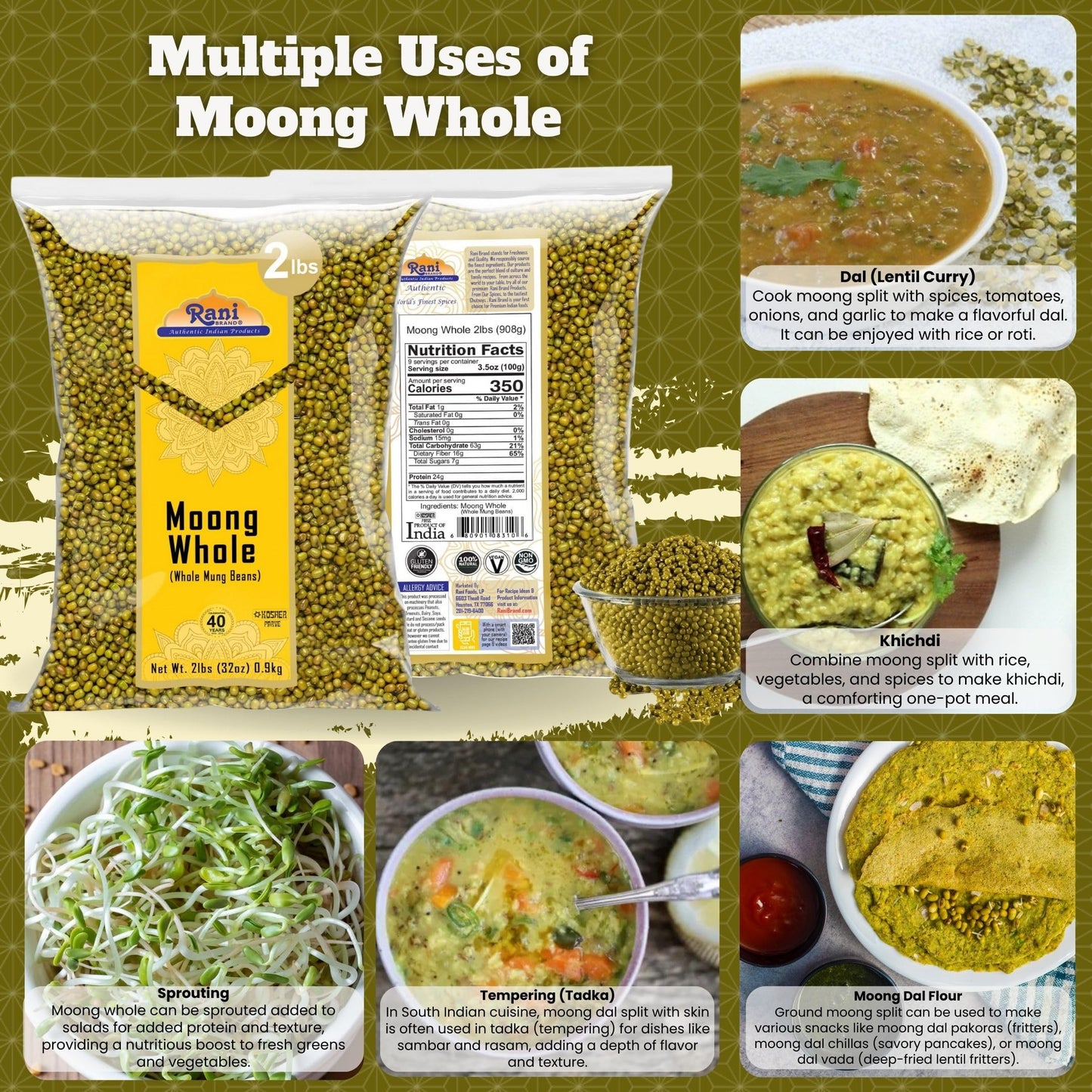 Rani Moong Whole (Ideal For Cooking & Sprouting, Whole Mung Beans With Skin) Lentils Indian 32Oz (2Lbs) 908G ~ All Natural | Gluten Friendly | Non-Gmo | Vegan | Indian Origin