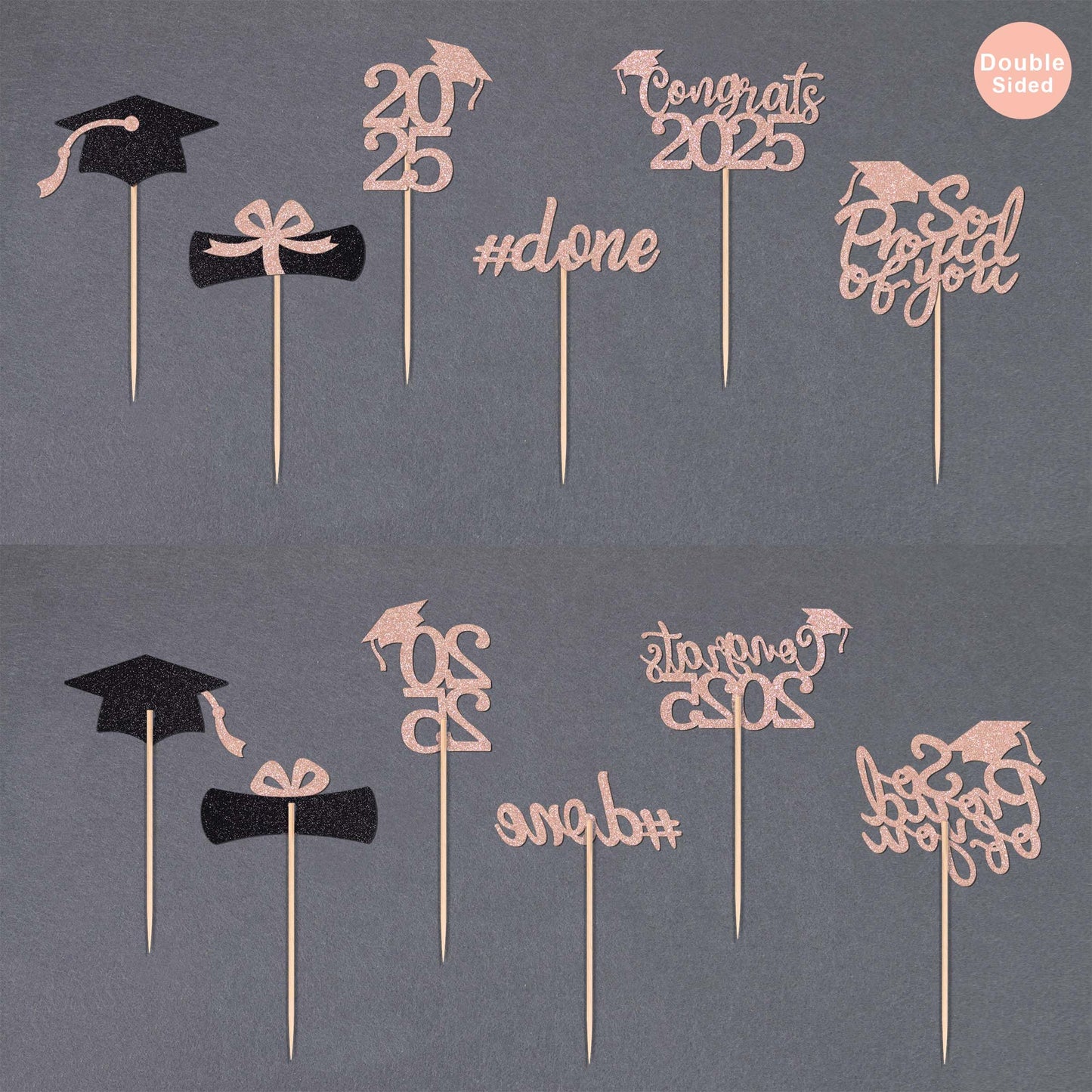 Gexolenu 36 Pcs Class Of 2025 Graduation Cupcake Toppers, Rose Gold Glitter Double-Sided Grad Cap Cake Toppers For Graduation Pa