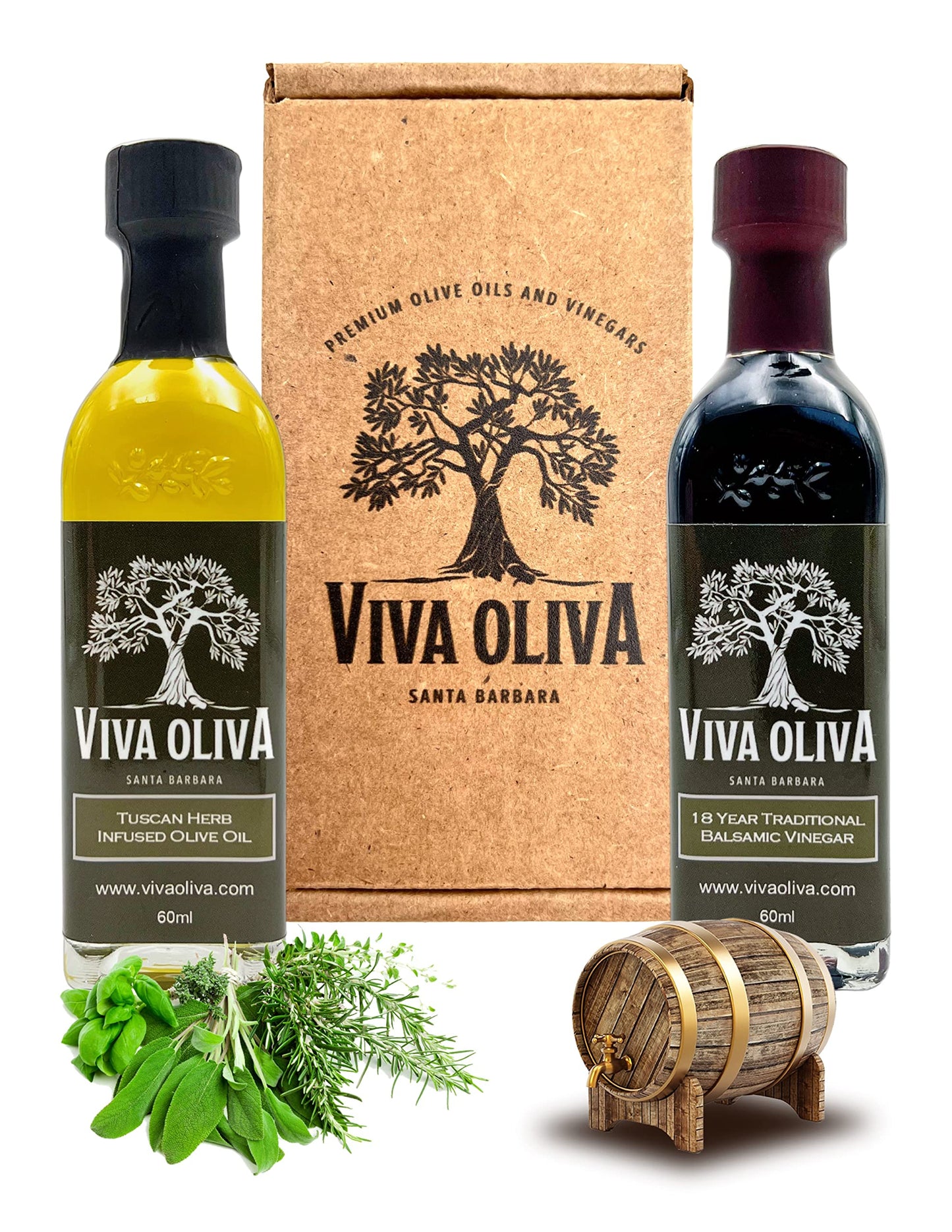 Viva Oliva Two 60ml Variety Gift Set - Tuscan Herb Olive Oil & Aged Balsamic Vinegar - 100% Natural