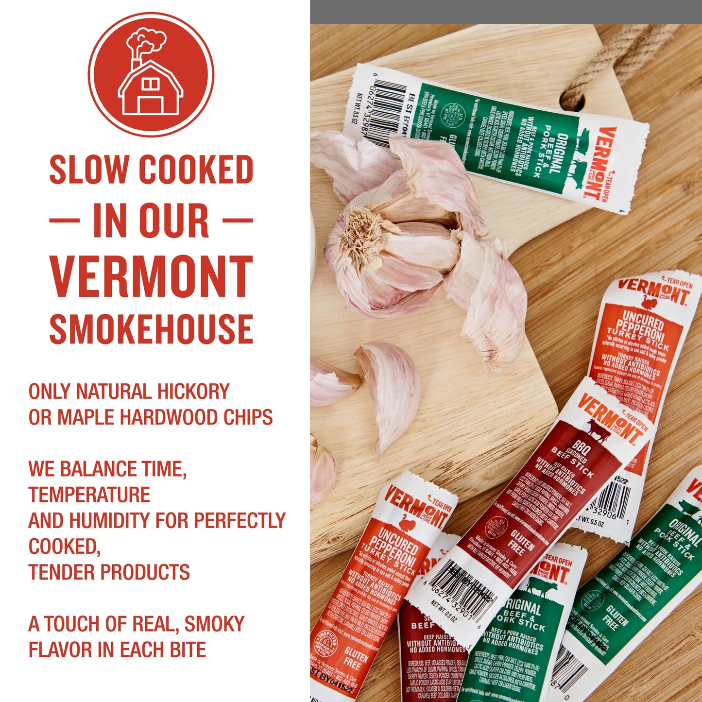 Vermont Smoke & Cure Hickory Smoked Uncured Bacon Sticks, 1oz, 24 Count – Portable Meat Snack for mature-themeds & Kids