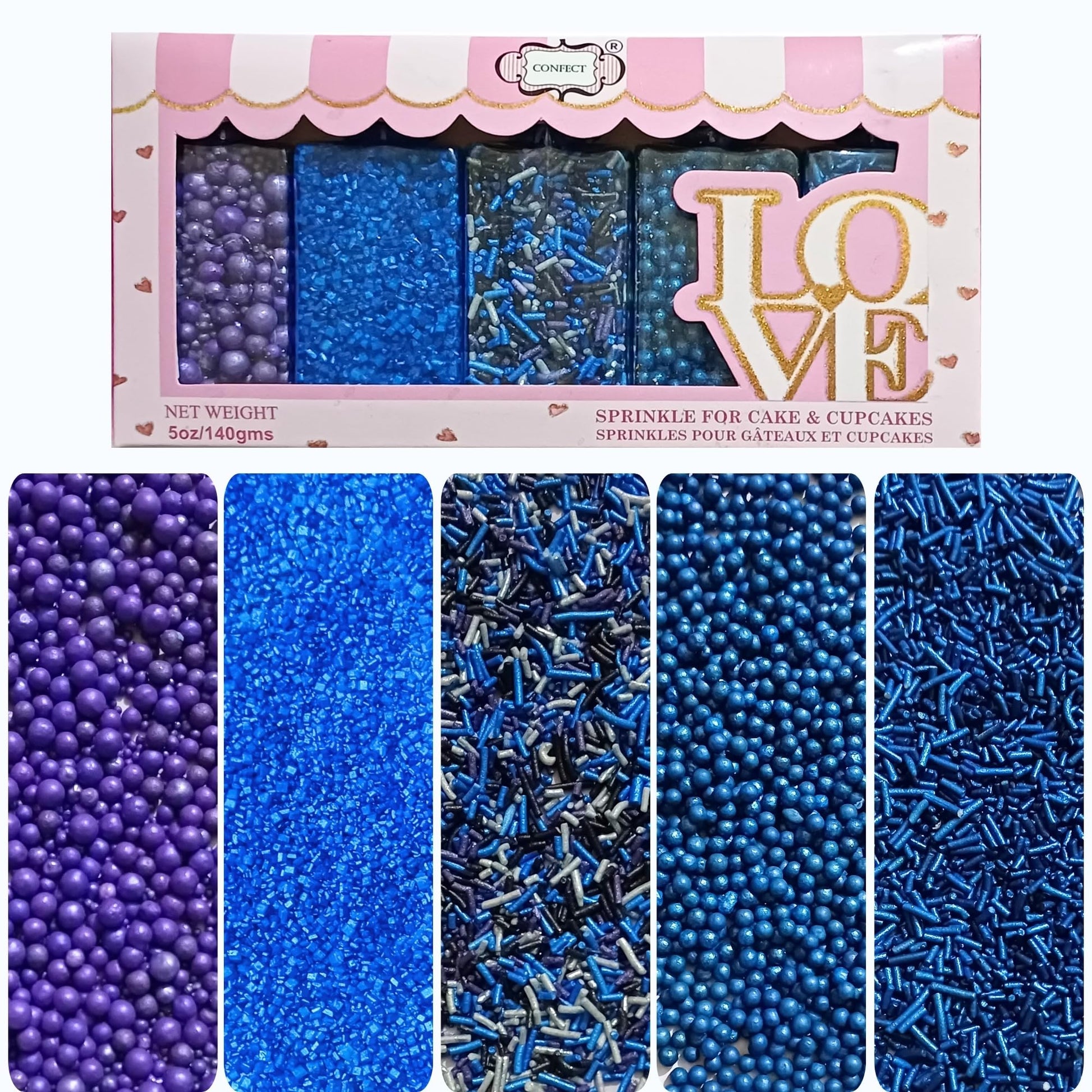 Confect Edible Cake Sprinkles - Decorating Mix | Navy & Blue Purple Pearls, Silver & Black Jimmies, Blue Sparkling Sugar | Sprin