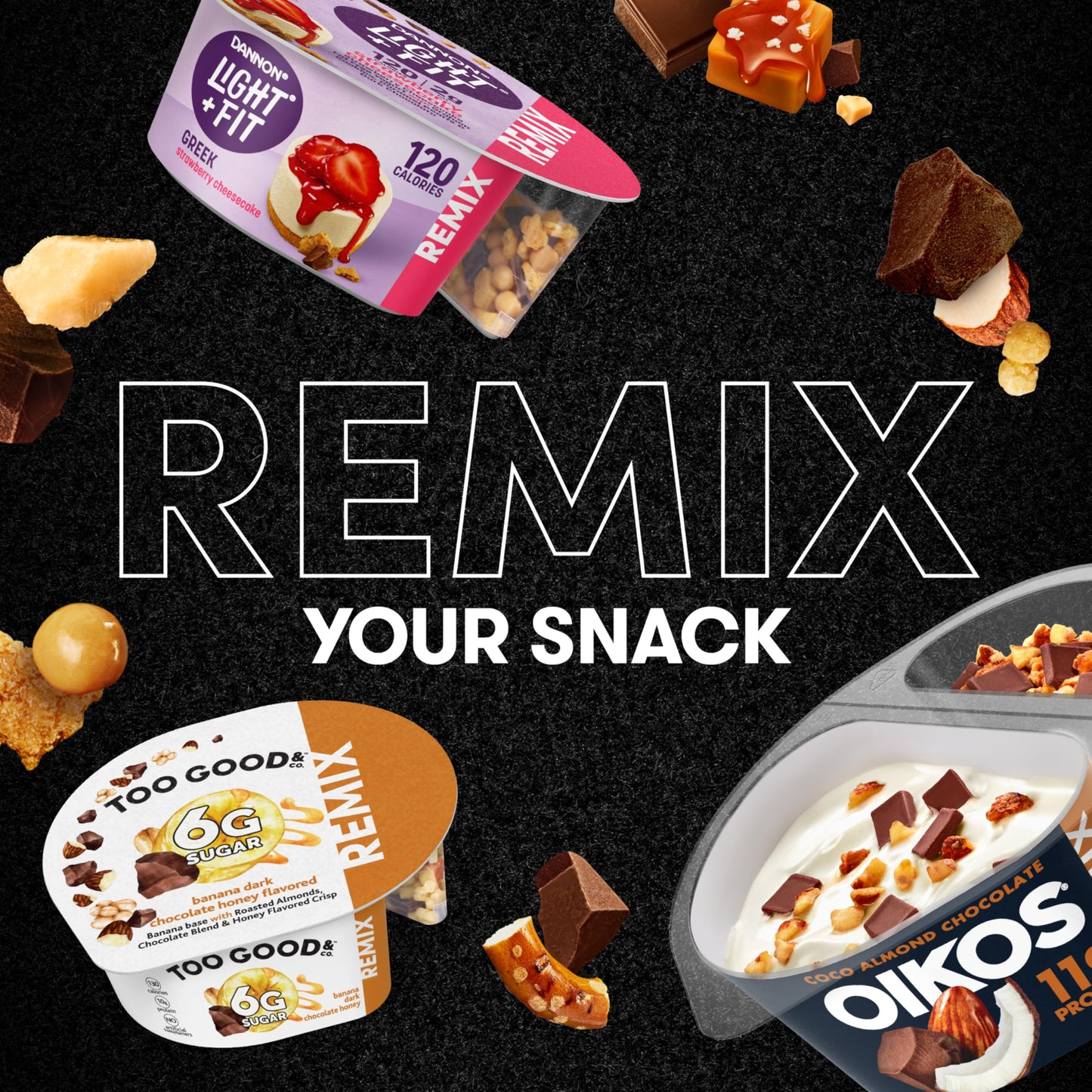 Oikos REMIX Smores Vanilla Nonfat Greek Yogurt with Graham Cookies, Dark Chocolate and Toasted Marshmallow Bark Mix-Ins, Delicio